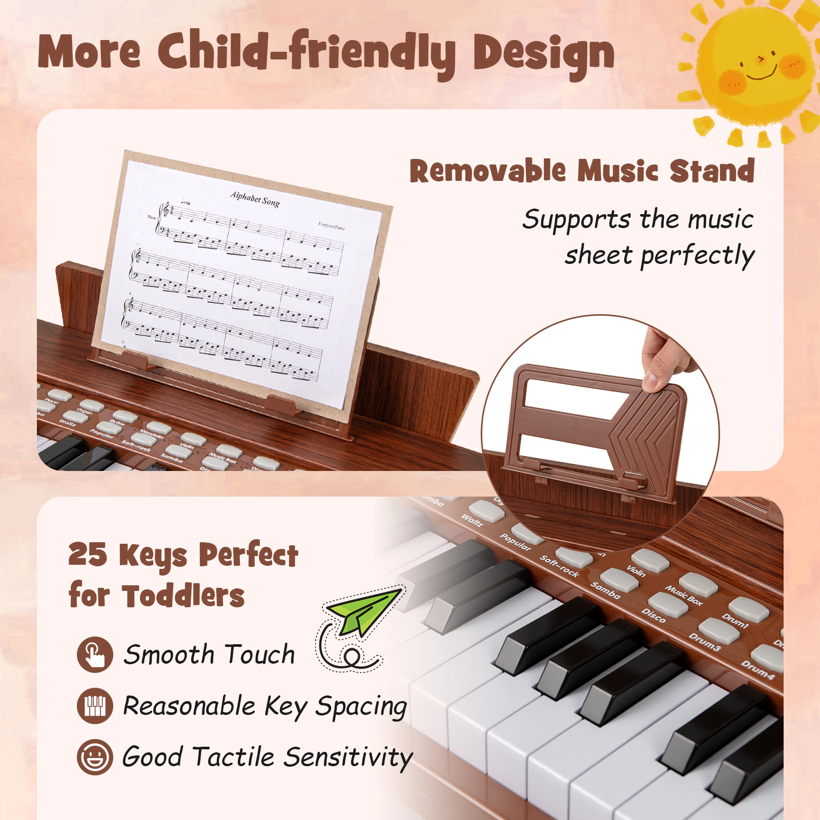 SUGIFT Kids Brown 25-Key Upright Toy Piano with Music Stand and Chord Support 15-in W 9-in D 10.5-in H Ages 3+