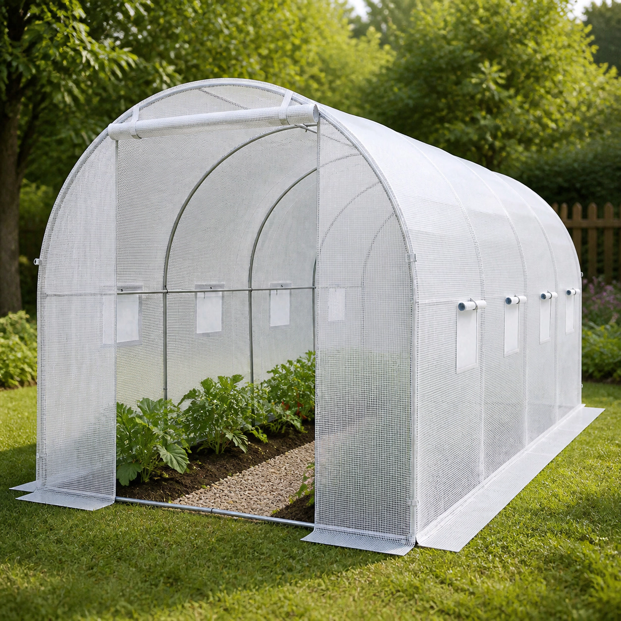 SUGIFT White 15-ft x 7-ft Walk-in Tunnel Greenhouse with Galvanized Steel PE Cover and 8 Mesh Windows