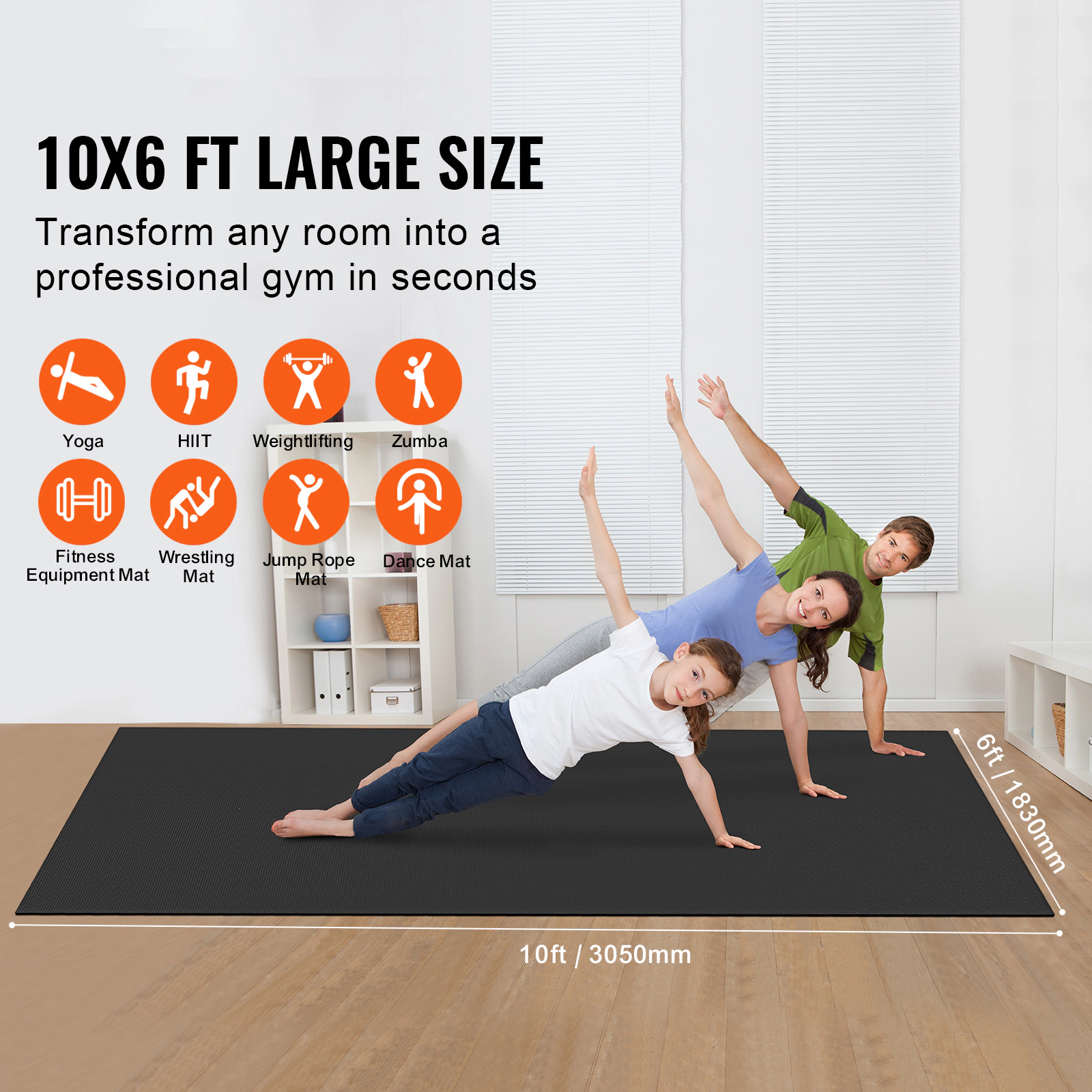 HONGGE Oversized Non-Slip Yoga Mat, 10x6 ft PVC Exercise Mat for 3-4 People, Home Gym Workout Mat with Bag