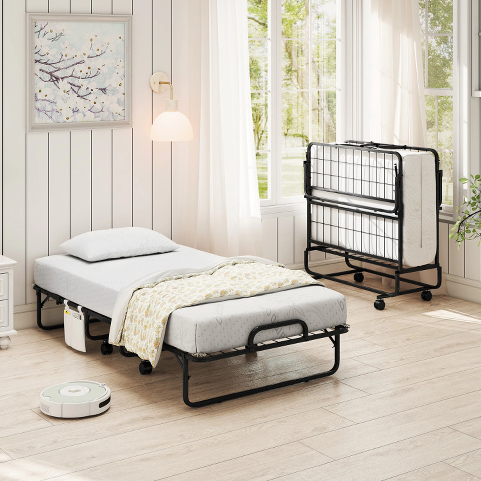 SUGIFT Twin Size Folding Portable Bed with 5-in Mattress 480-lb Capacity White Mattress Black Frame 75-in Long