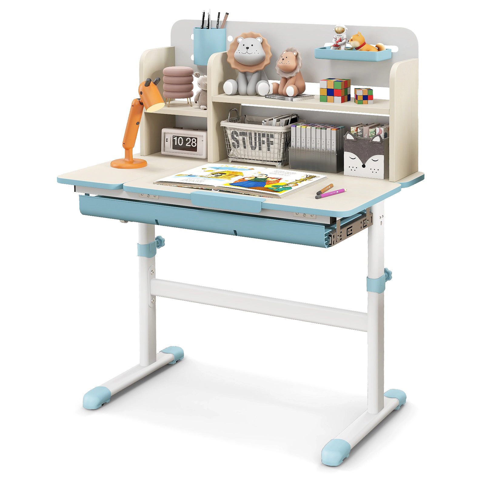 SUGIFT 7-Level Tilt Desktop and Hutch for Ages 3-12 Height Adjustable Kids Study Desk
