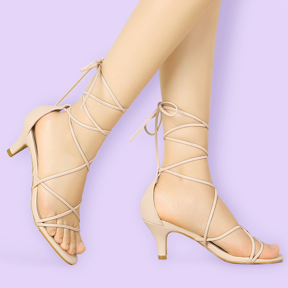 BLISSFUL STEP Women's Strappy Lace Up Kitten Heel Dress Sandals
