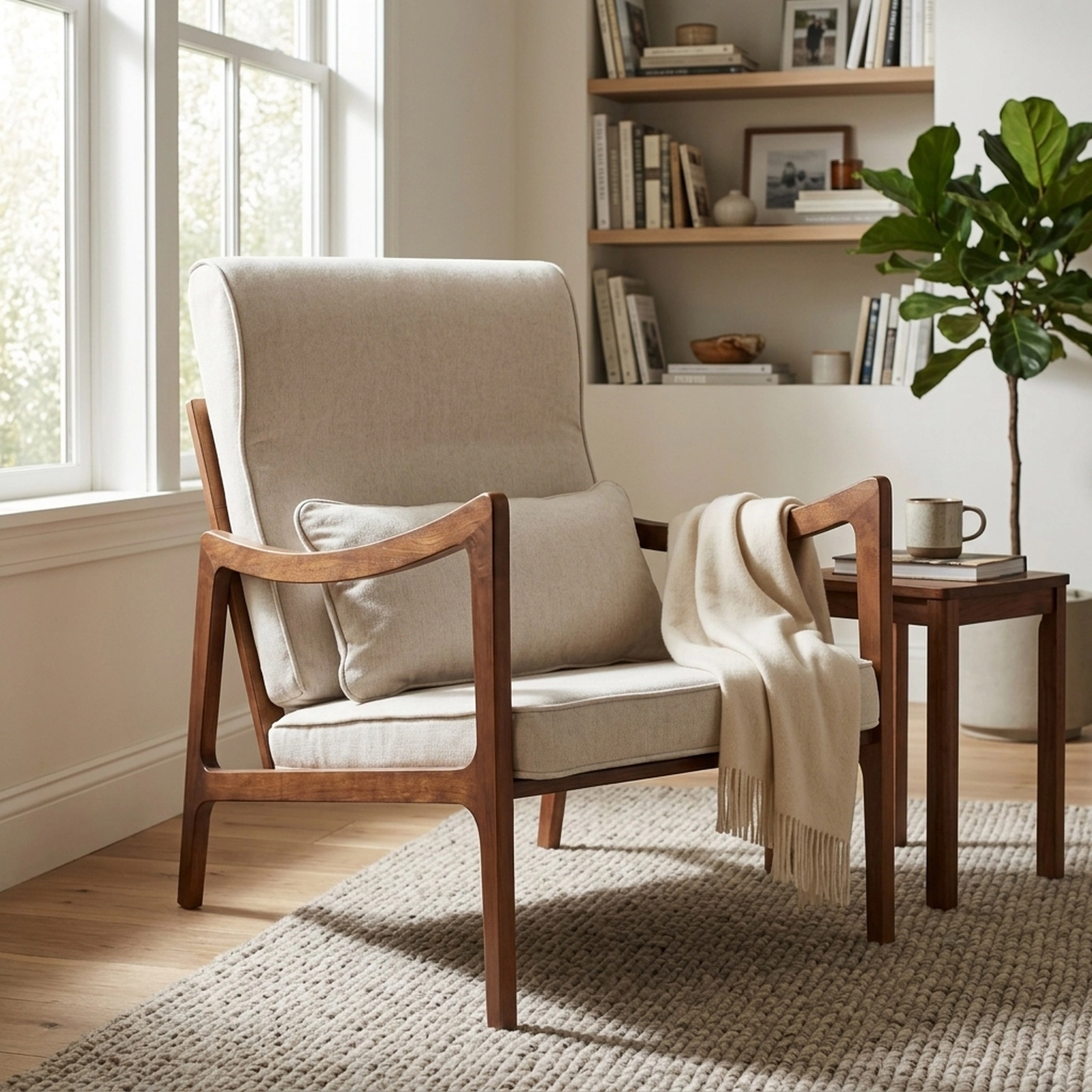 SUGIFT High-Back Accent Armchair, White Faux Leather and Linen, Neck Pillow, Removable Lumbar Cushion
