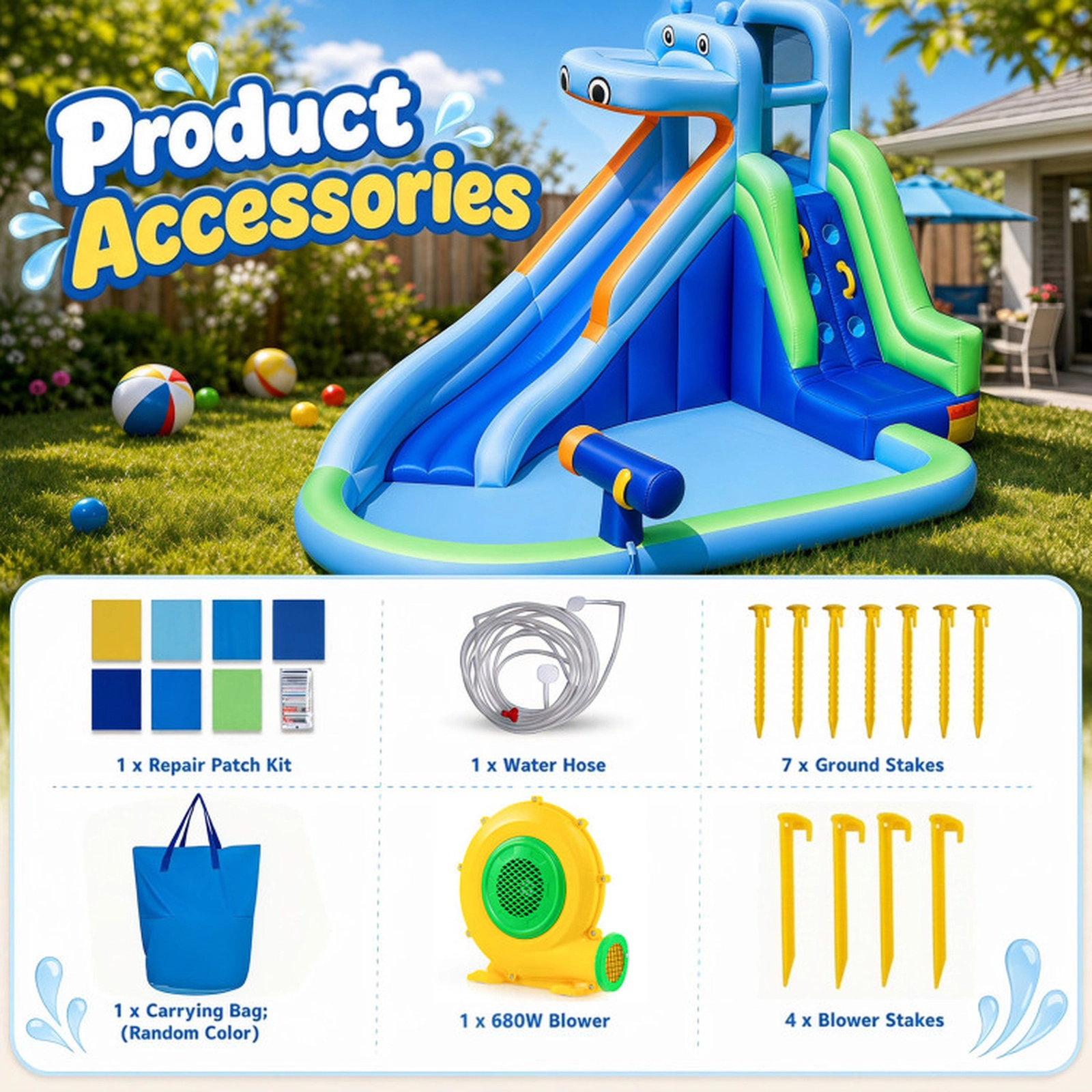 SUGIFT Hippo-Themed Inflatable Water Slide with Climbing Wall and 680W Blower 100-lb Capacity Ages 3-12 Multicolor