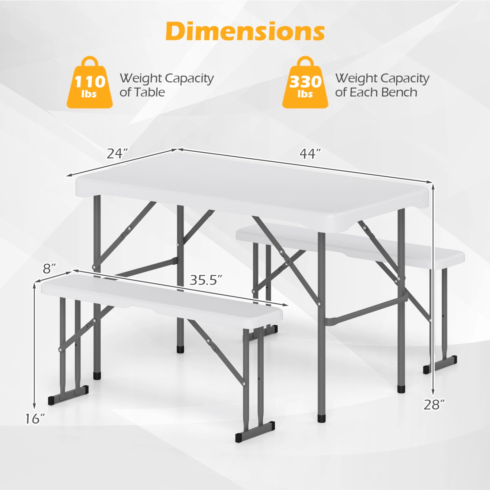 SUGIFT 44-in HDPE Folding Picnic Table Set with 2 Benches 110-lb Tabletop 330-lb Benches White