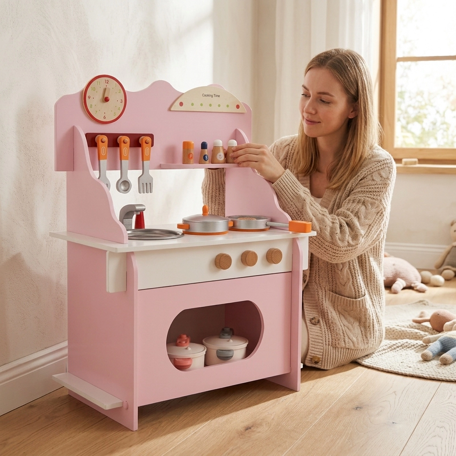 Pretend Play Toy Kitchen Set for Kids Clock Complete Accessory Kit Storage Shelves 20.5-in x 11.5-in x 28-in Pink