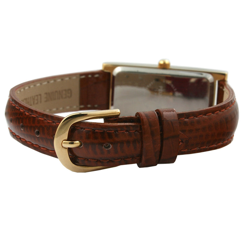 Peugeot Women's Rectangular Gold-Tone Case Watch Glossy Brown Leather Strap