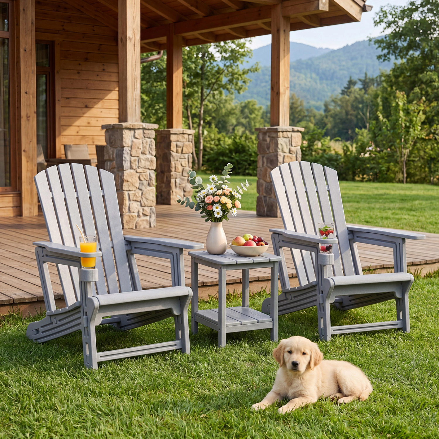 LJG Set of 2 HDPE Adirondack Chair with Cup Holder and Wood-Like Texture for Garden