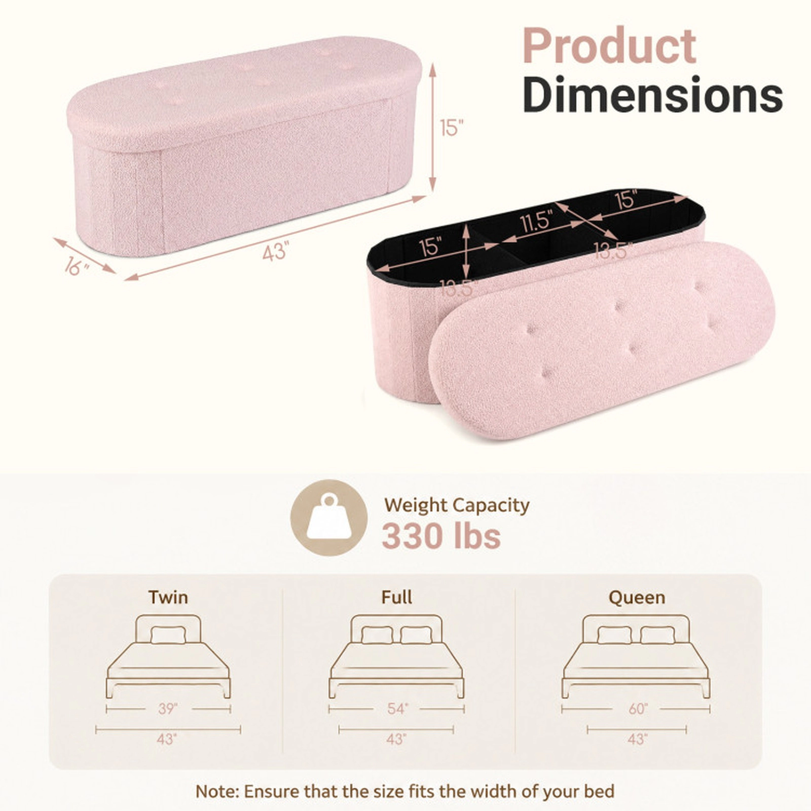 SUGIFT 43-in 330-lb Capacity Pink Folding Teddy Fleece Storage Ottoman Bench with 3 Compartments