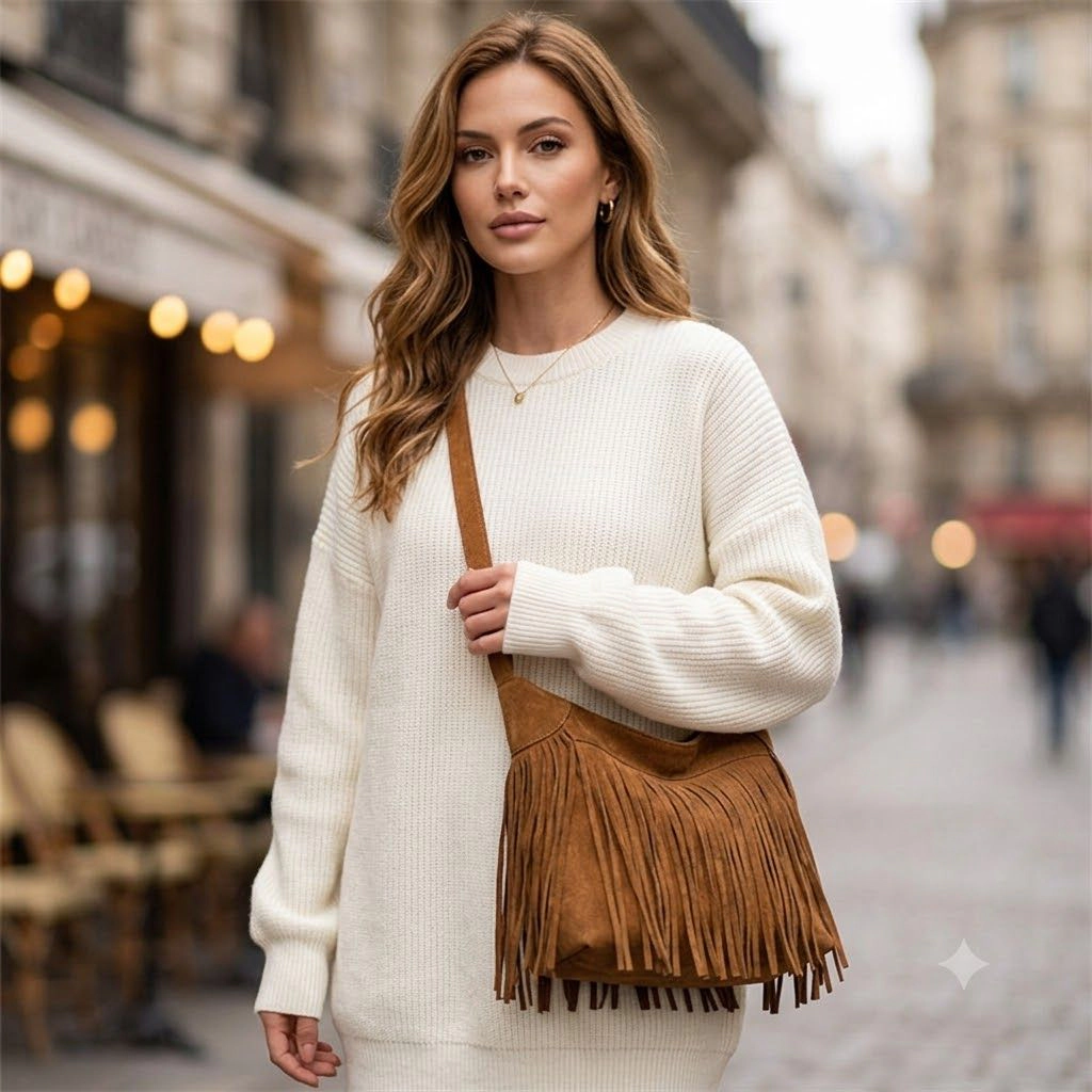Alilang Women's Suede Look Fringe Adjustable Strap Crossbody Shoulder Bag