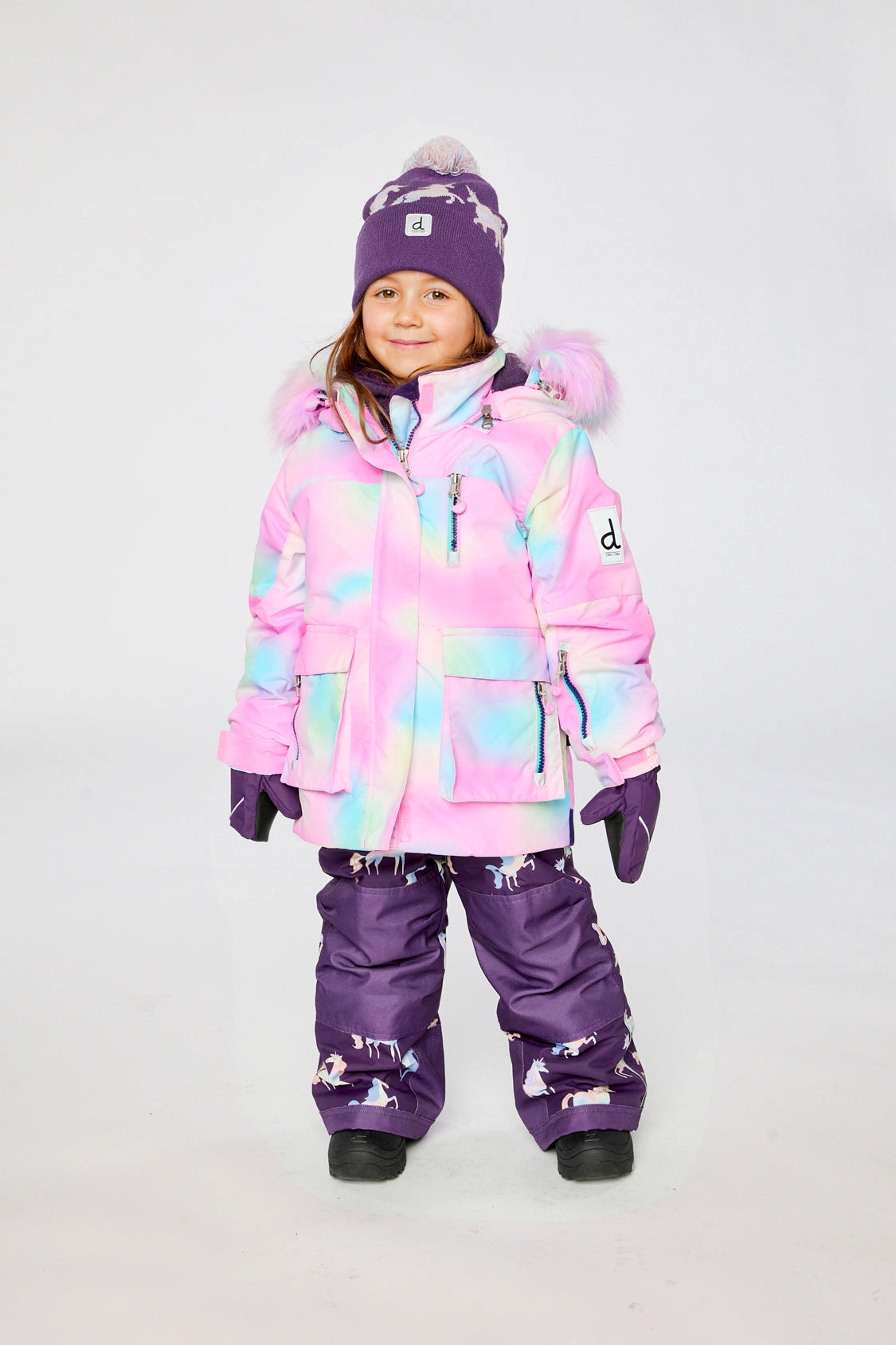 Deux par Girls Unicorn Print Two Piece Play Snowsuit with Hooded Jacket and Snow Pants