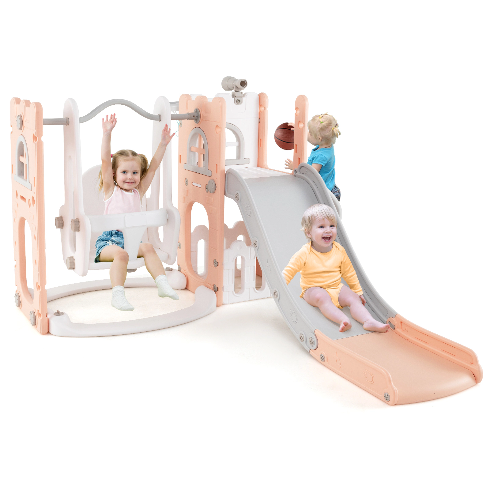 SUGIFT 7-in-1 Toddler Swing & Slide Set L-shaped with Ladder & Basketball Hoop 110-lb Capacity Ages 1-3 Pink & White