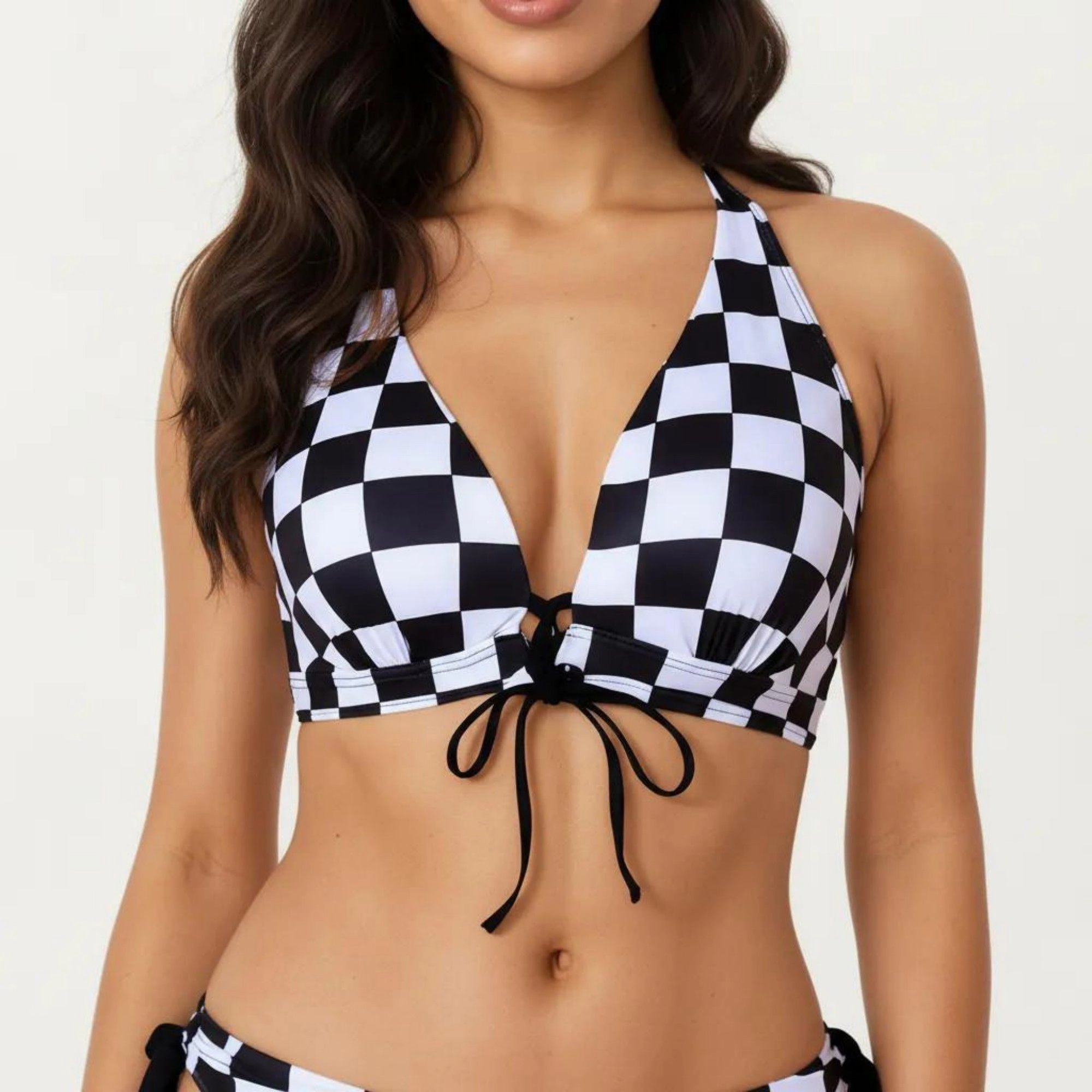 Anna-Kaci Women’s 2-Piece Checked Bikini Set Halter Triangle Top with Front Tie, High-Waist Tie-Side Bottoms