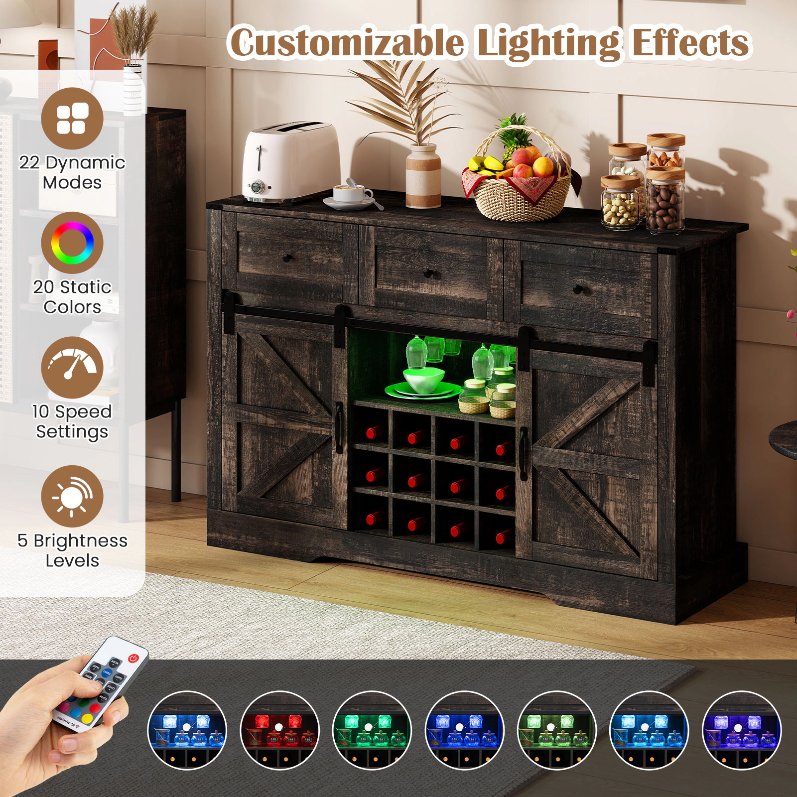 Glintex 52-Inch Wine Bar Cabinet with LED Lights and Sliding Barn Doors