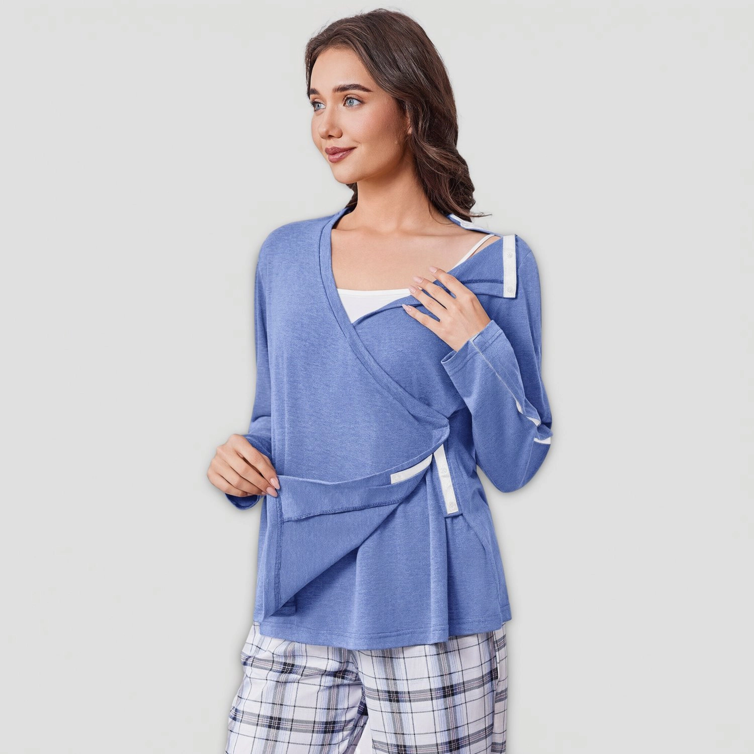 Pinspark Womens Casual Long Sleeve Wrap Top Fall V Neck Cross Front Snap Tunics