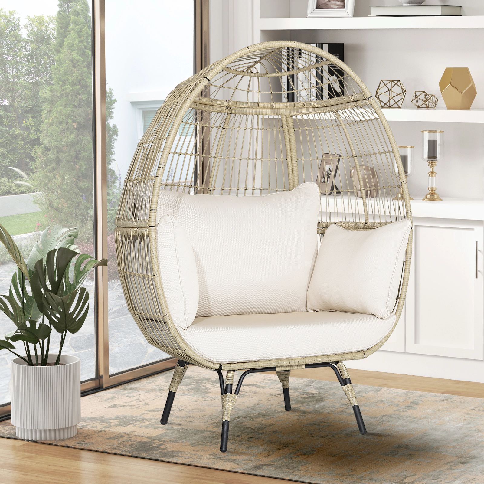 SUGIFT Oversized Outdoor Egg Lounge Chair, Light Brown PE Wicker, 4 Cushions