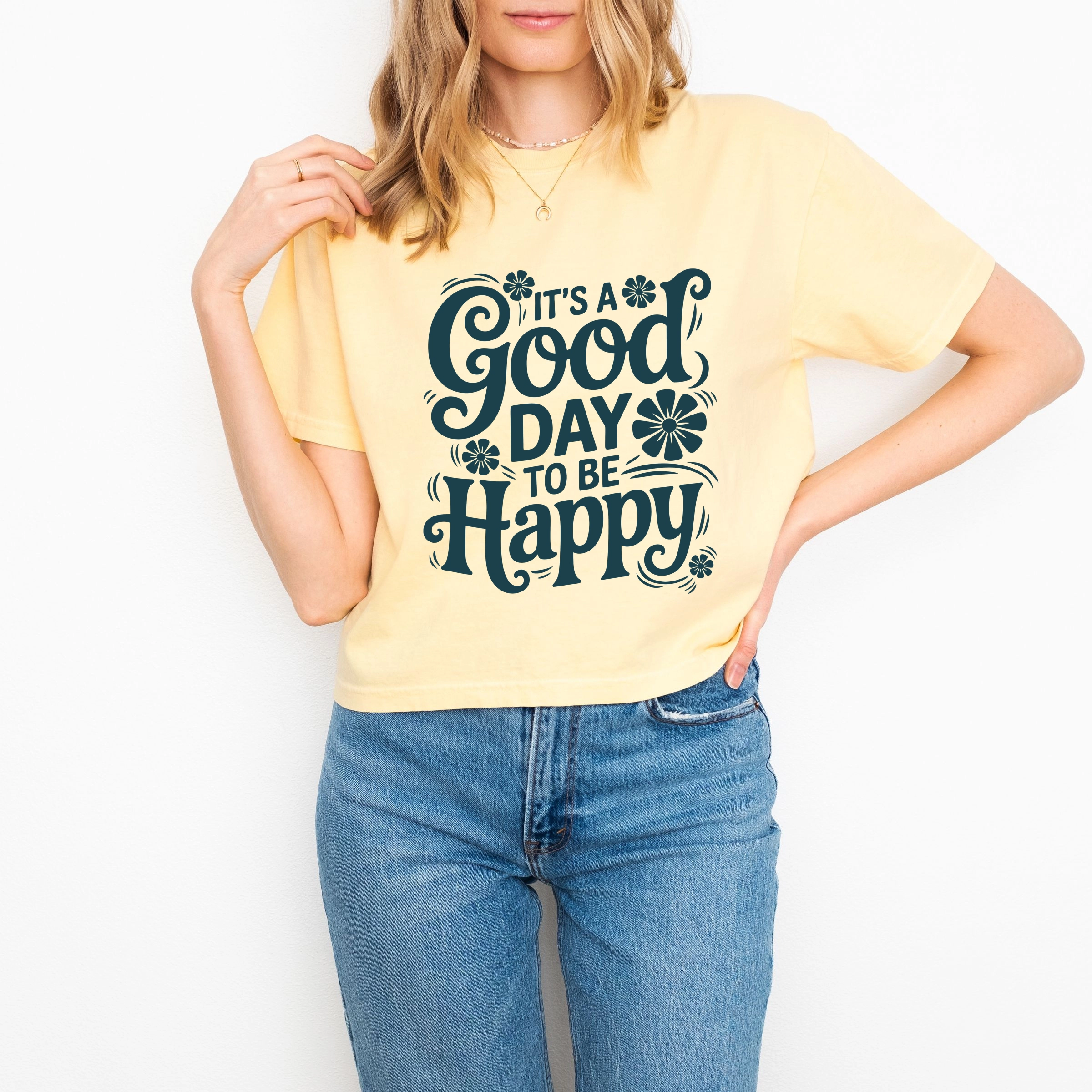 Simply Sage Market - It's A Good Day To Be Happy Flowers Women's Boxy Crop Top Graphic T-Shirt