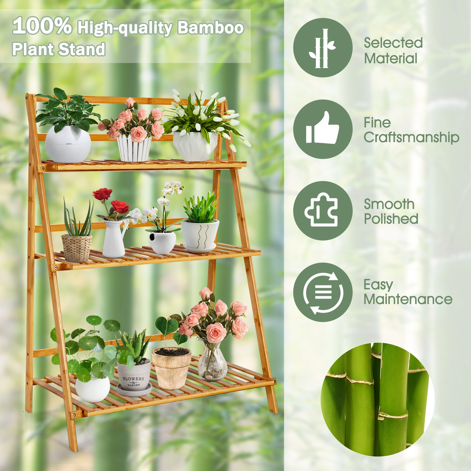 Slickblue 3 Tier Wooden Style Ladder Plant Rack Foldable Display Shelf for Indoor Outdoor Use