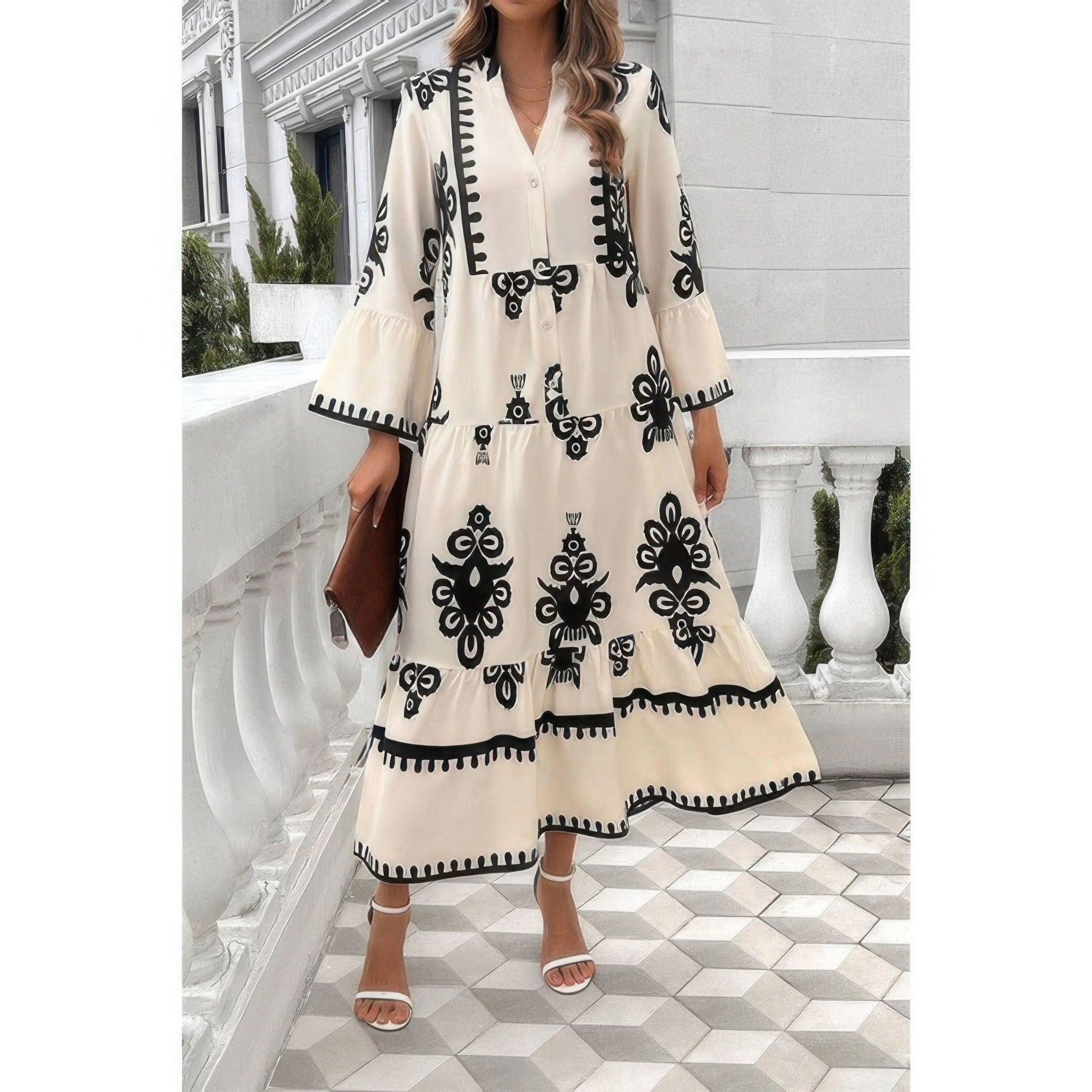 TRUEDAMES Women's V Neck Stand Collar Button Floral Splicing Dress