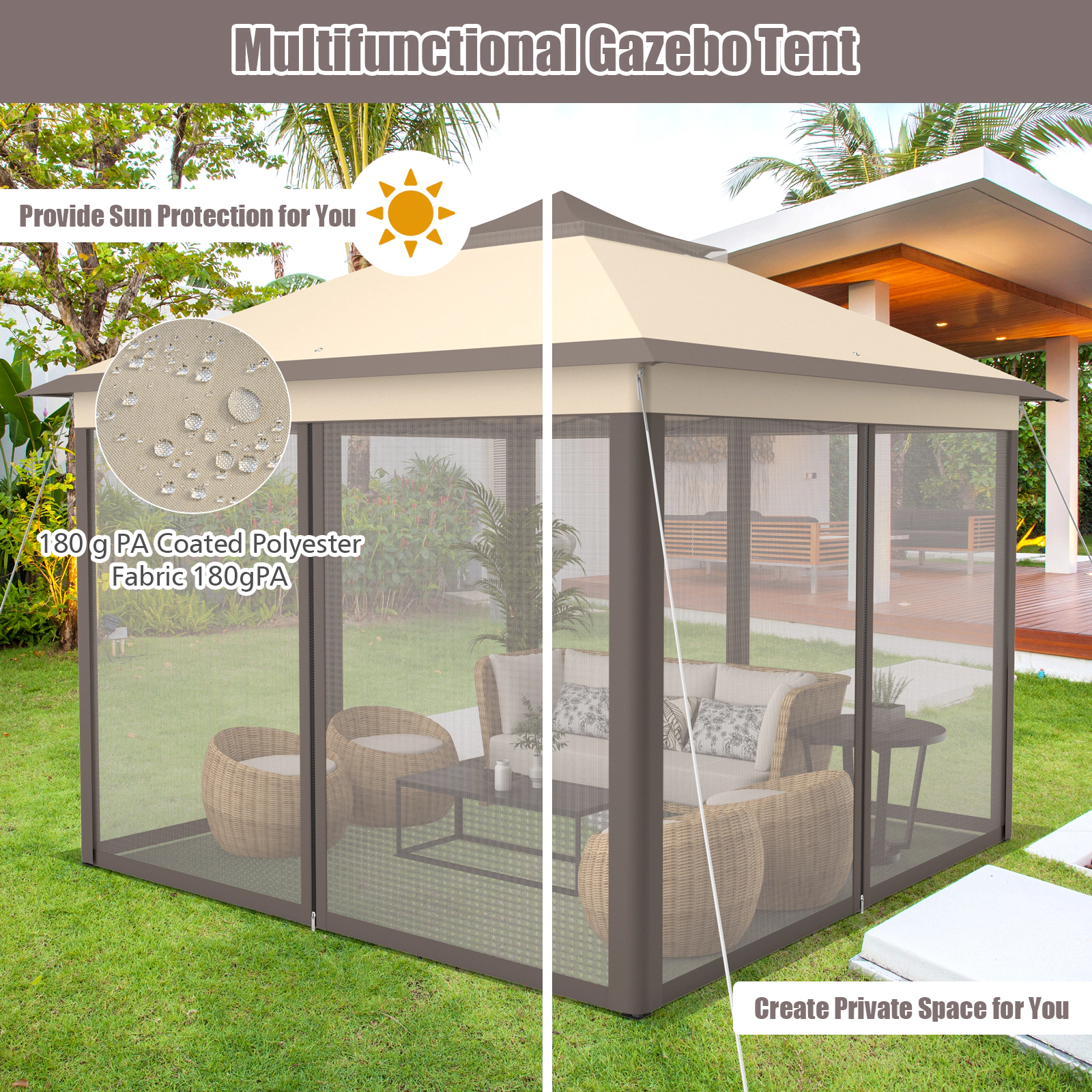 SUGIFT 2-Tier Pop-Up Gazebo Tent Portable Canopy Shelter with Mesh Screens Carry Bag Brown/Beige