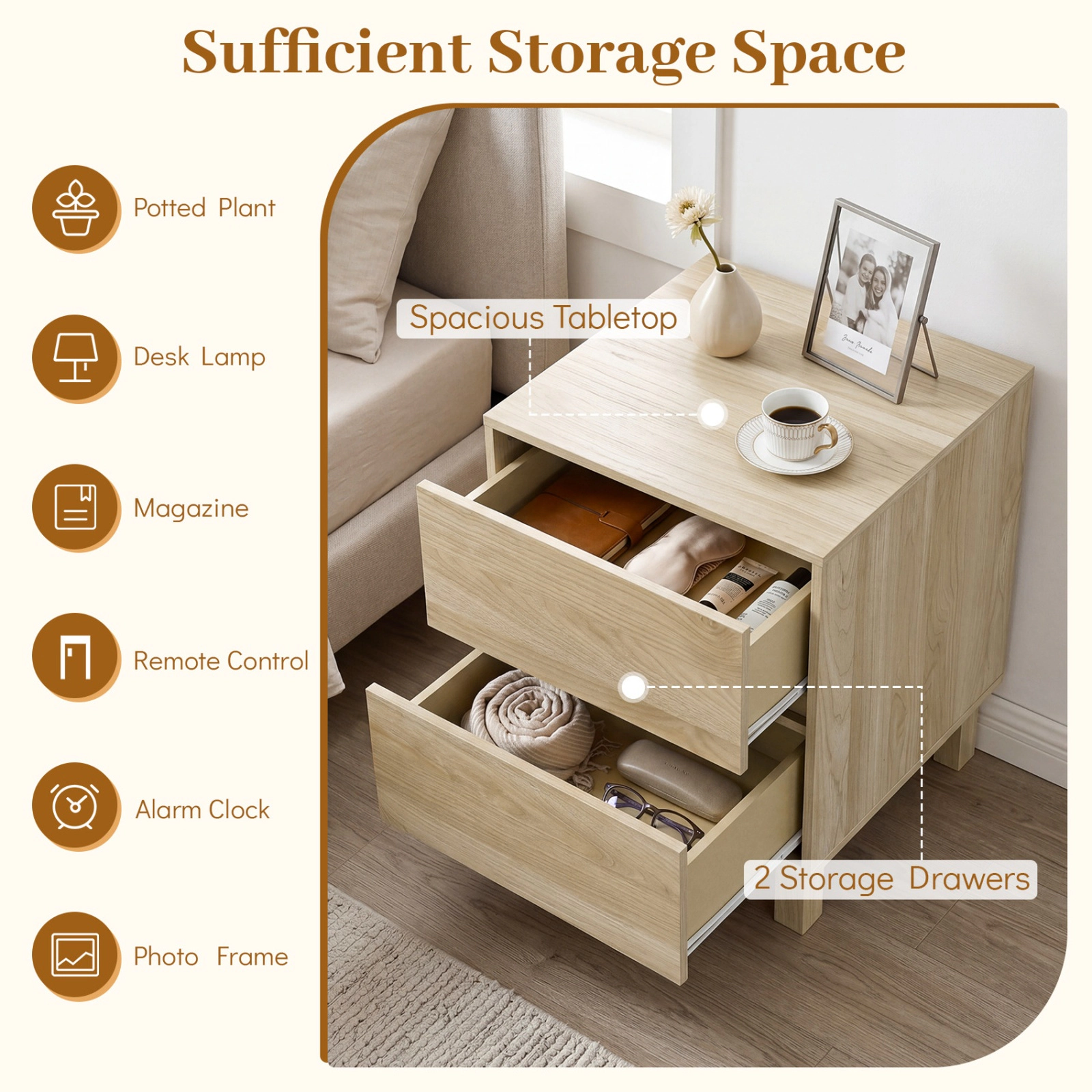 SUGIFT Set of 2 Modern Wooden End Tables with 2 Storage Drawers 22-lb Top Capacity Natural