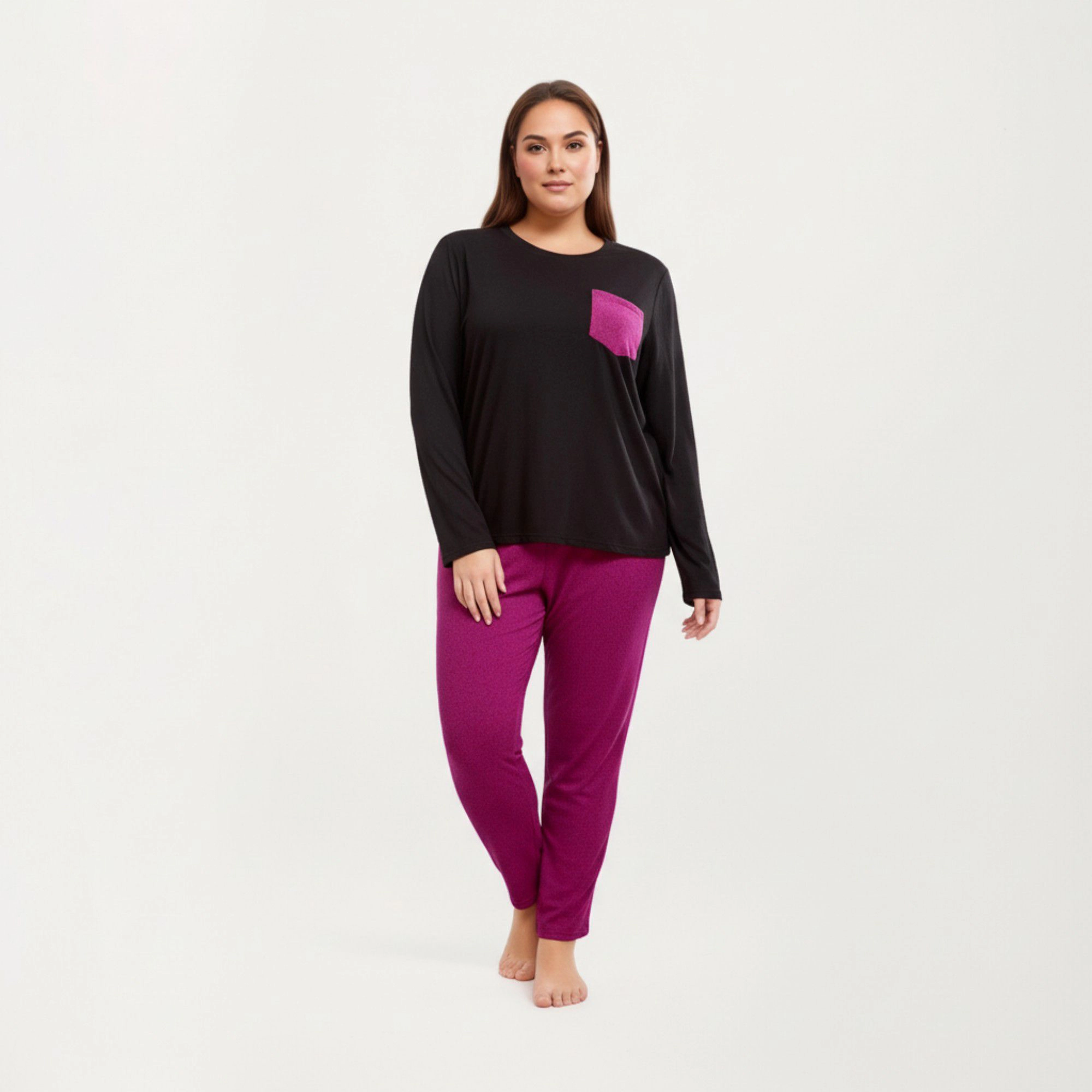 Anna-Kaci Women's 2-Piece Long Sleeve Knit Top Contrast Pocket and Soft Stretch Pajama Pants Relaxed Tapered Fit