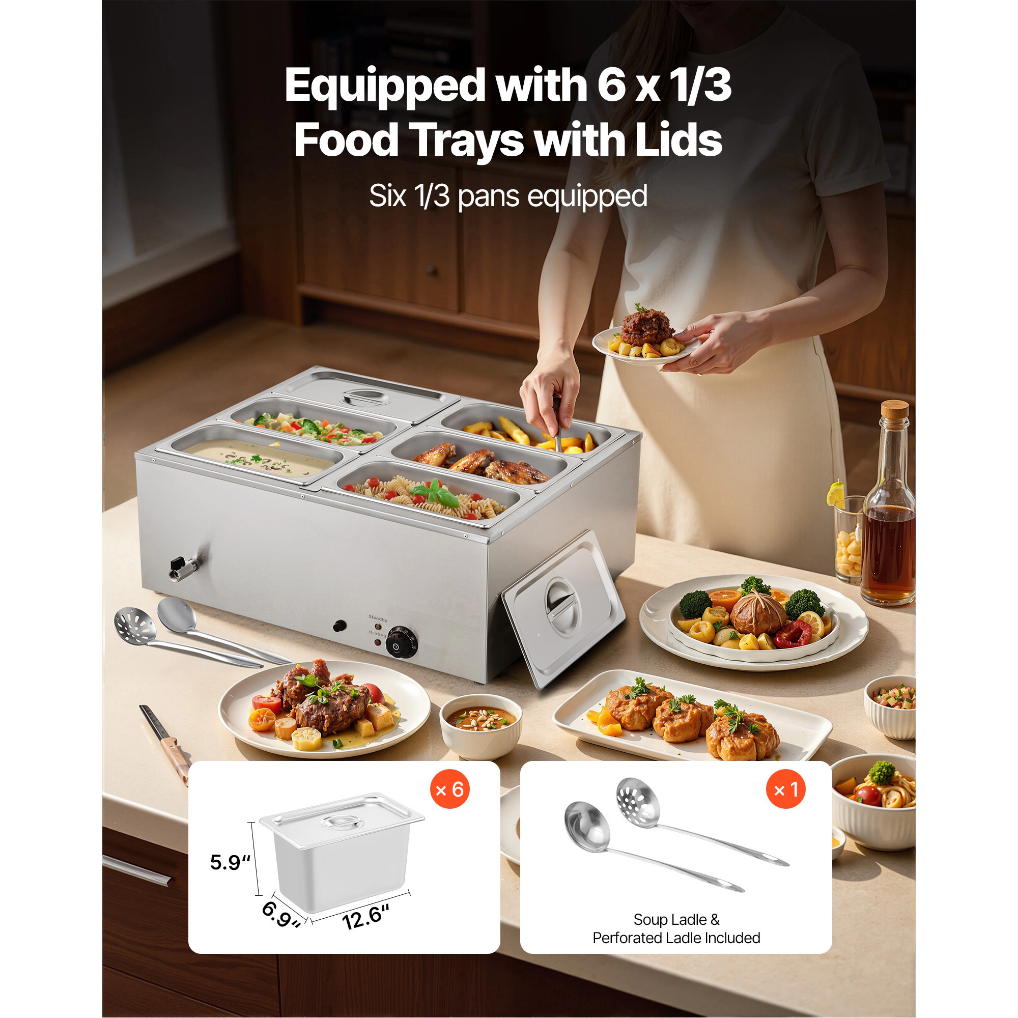 HONGGE Commercial Food Warmer 1500W Electric Stainless Steel Steam Food Warmer with Lid Fast Heating Countertop Buffet