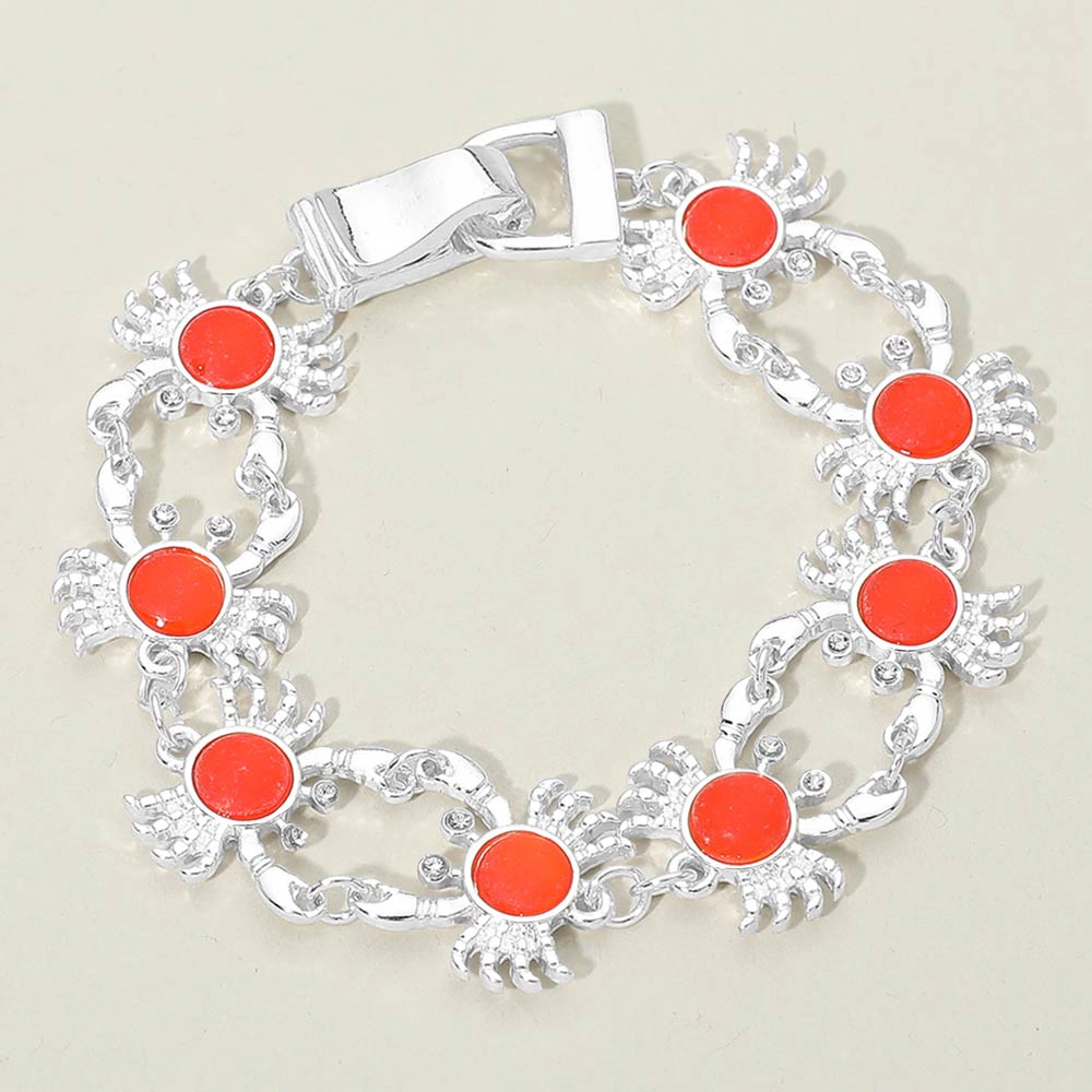 FASHNZFAB Sea Glass Crab Charm Link Magnetic Bracelet - Red, Silver
