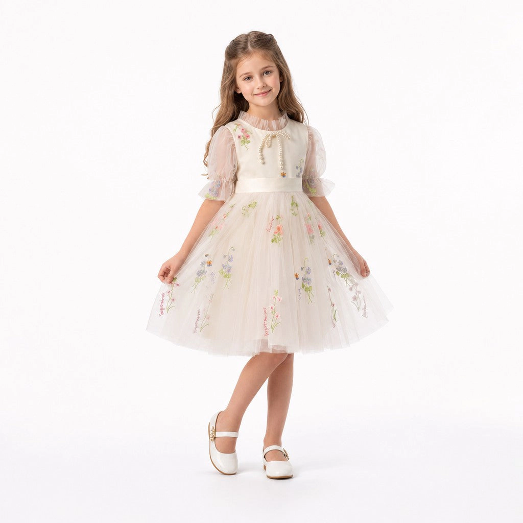 Faeella Enchanted Bloom Embroidered Ivory Flower Girl Dress