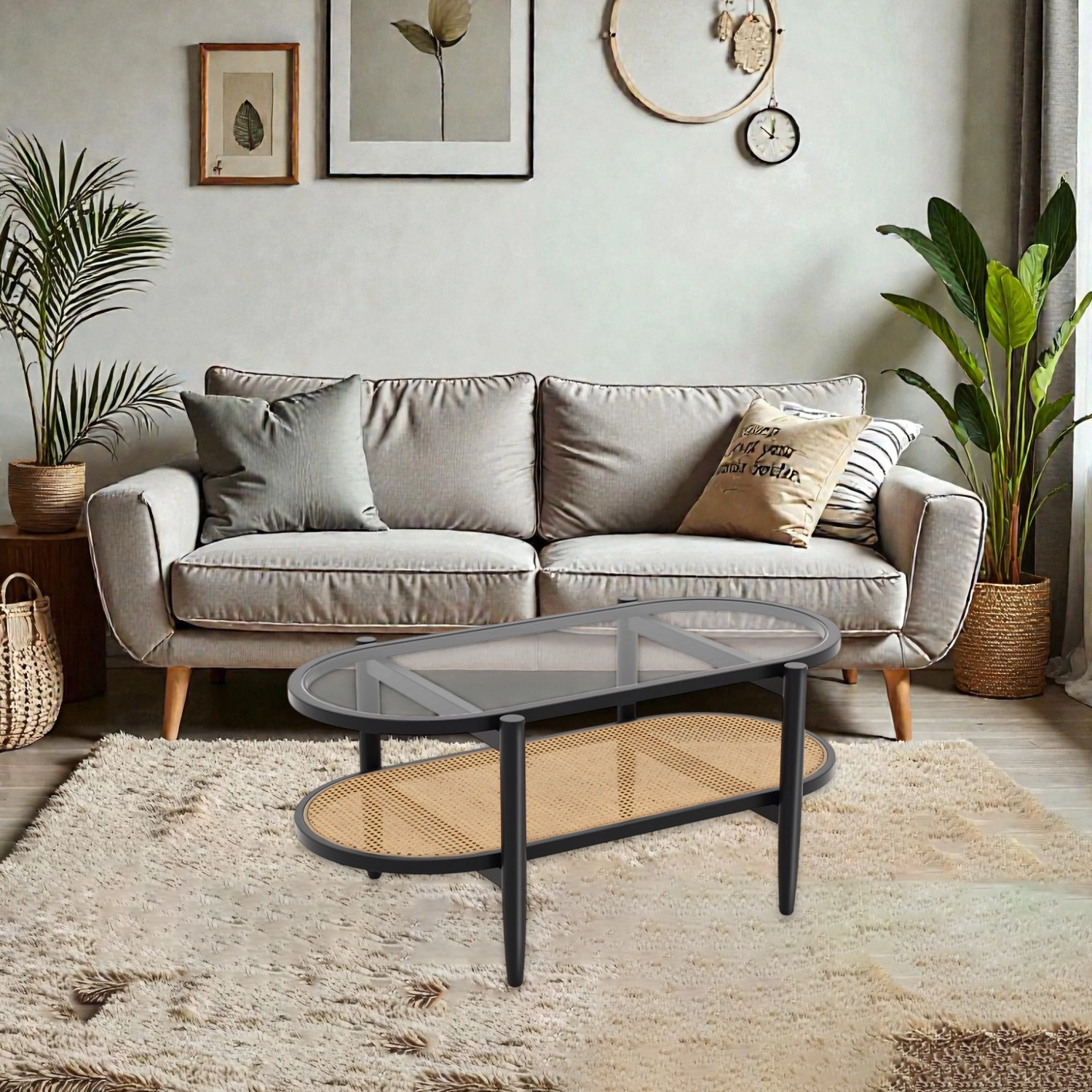 Hivvago Acacia Wood Coffee Table with Clear Glass Top and Lower Storage Shelf