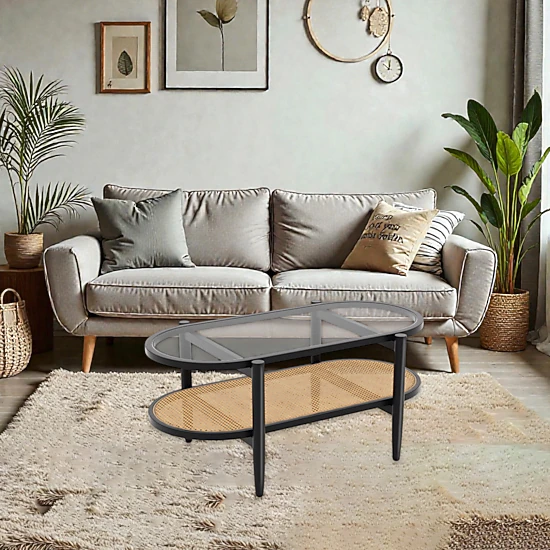 Hivvago Acacia Wood Coffee Table with Clear Glass Top and Lower Storage Shelf