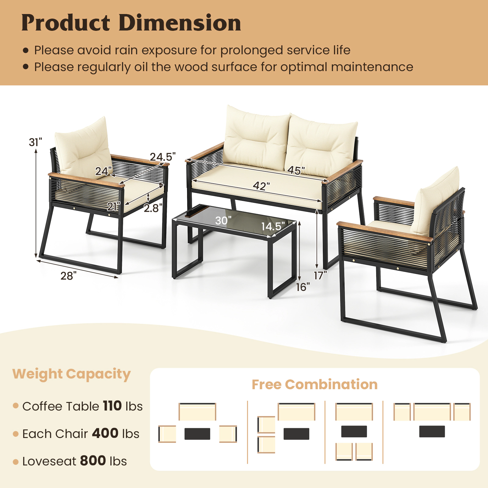LJG 4 Pieces Patio Furniture Set Outdoor Conversation Set with Tempered Glass Coffee Table