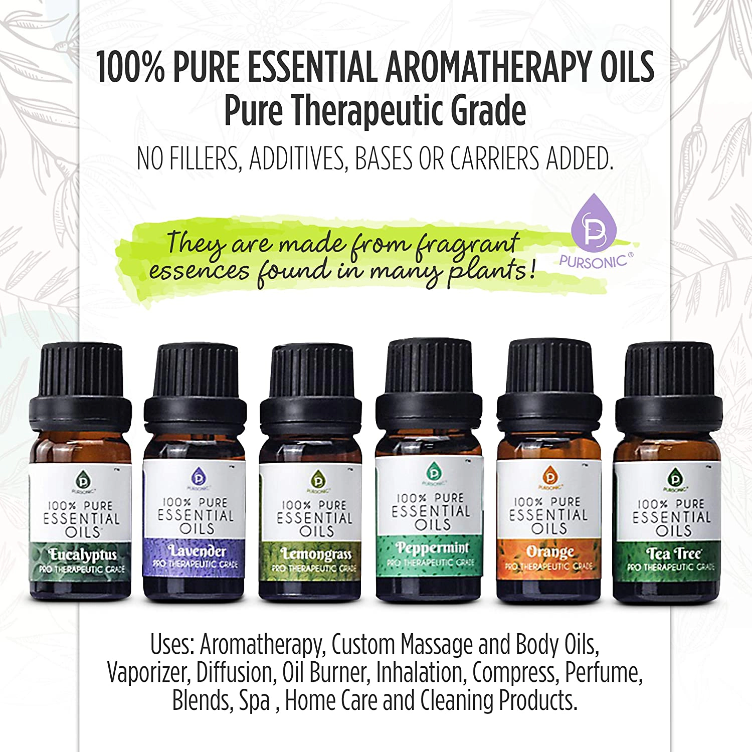 Pursonic Unisex Natural Wellness Aromatherapy 6-Pack Essential Oil Set