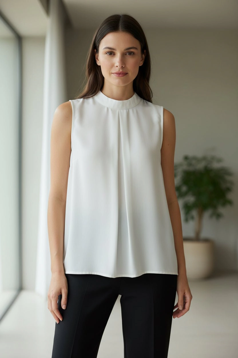 DressAtR Women's White Sleeveless Pleated High Neck Blouse