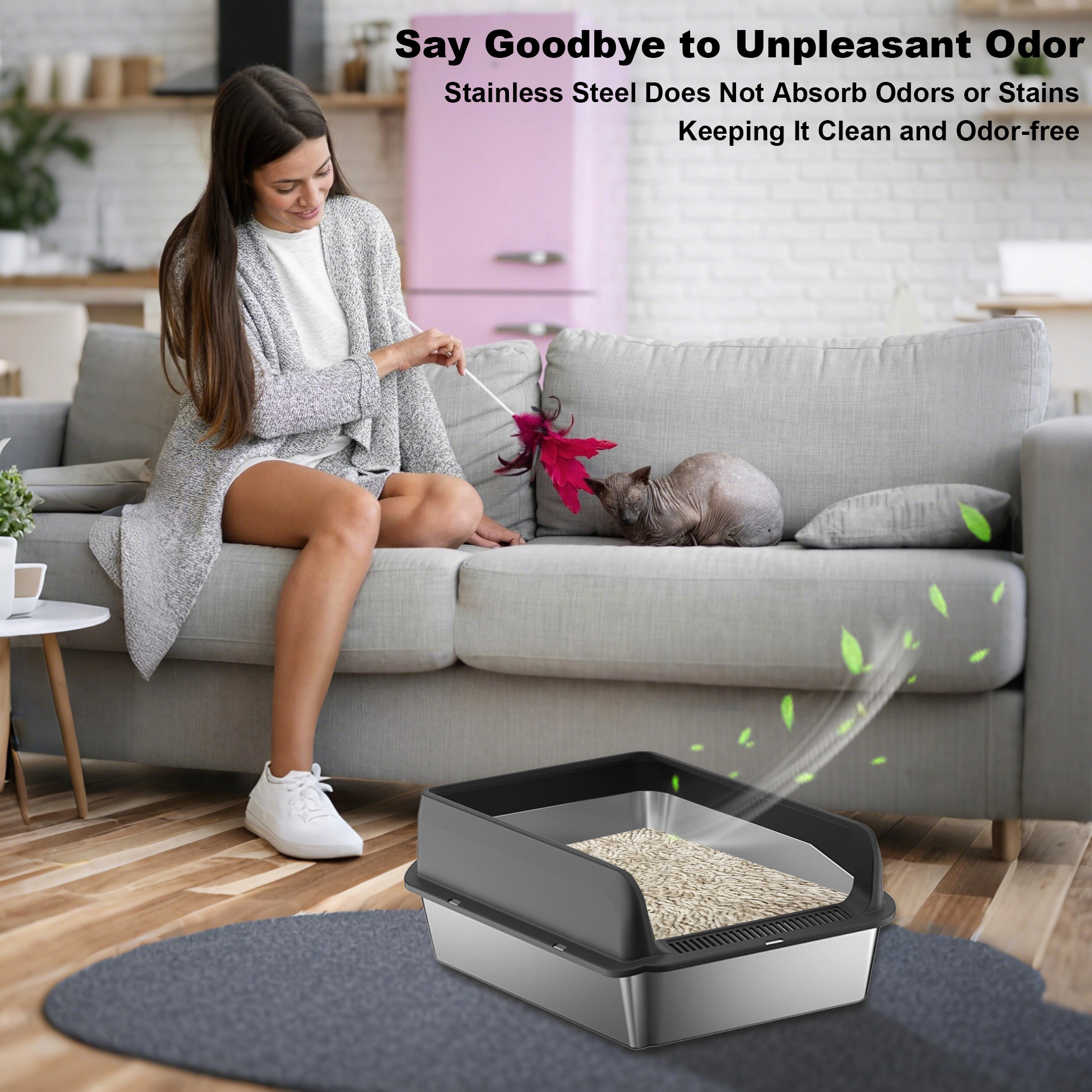XL Top-Entry Stainless-Steel Cat Litter Box, Anti-Tracking Pan with Mat 60x40x30cm, Black