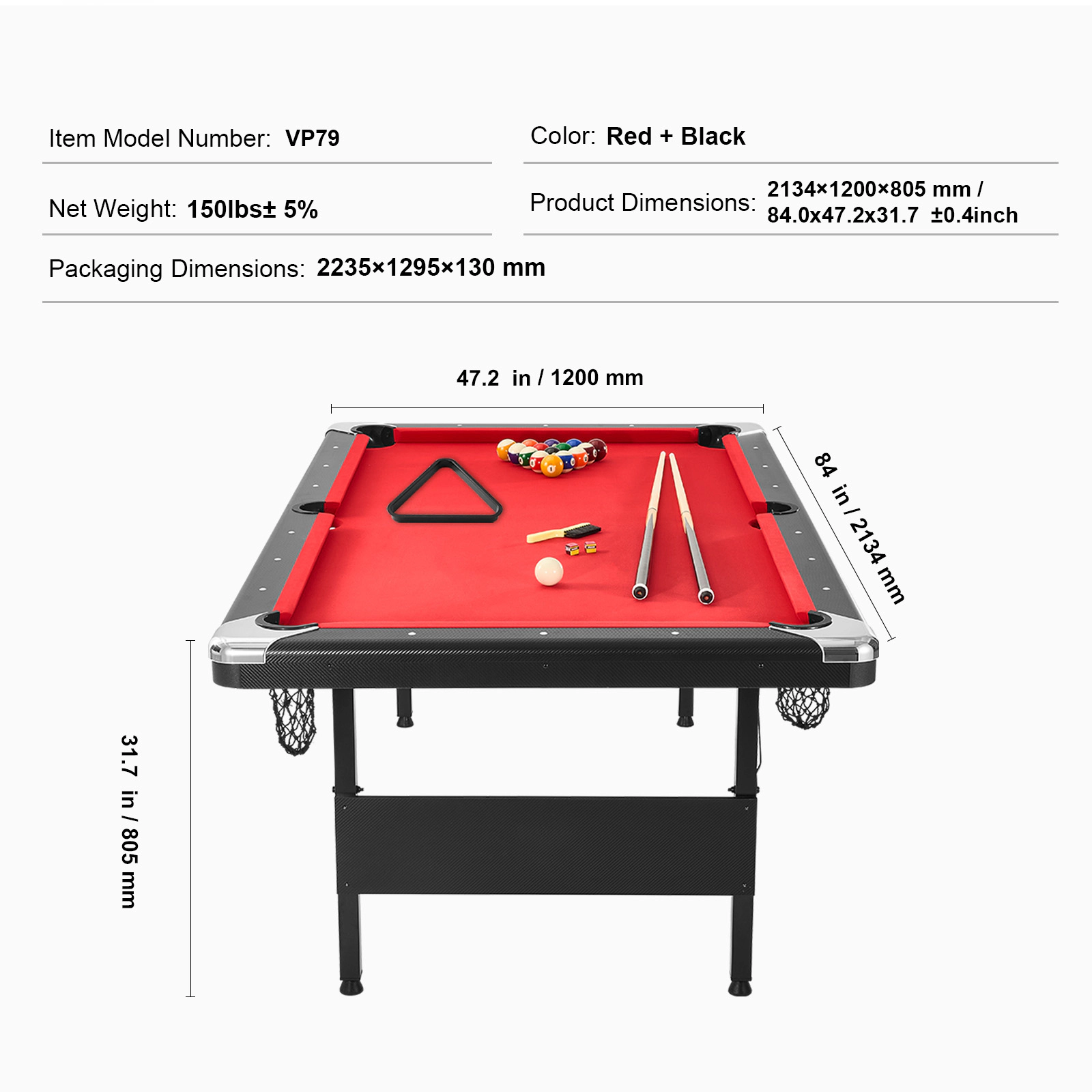 HONGGE Pool Table Portable Billiards Foldable Space-Saving Game Set Includes Brush with Cloth for Family Room