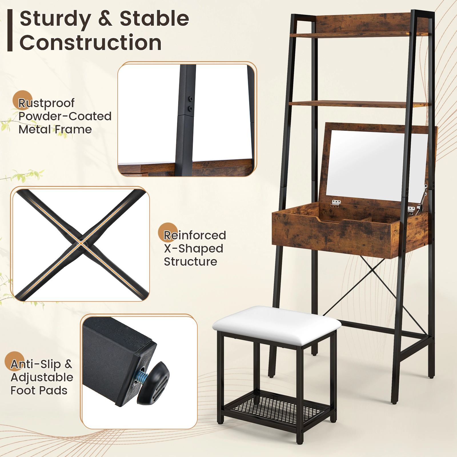 SUGIFT Ladder Vanity Desk Set with Flip Top Mirror and Cushioned Stool 88-Lb Top 330-Lb Stool Black Rustic Brown White