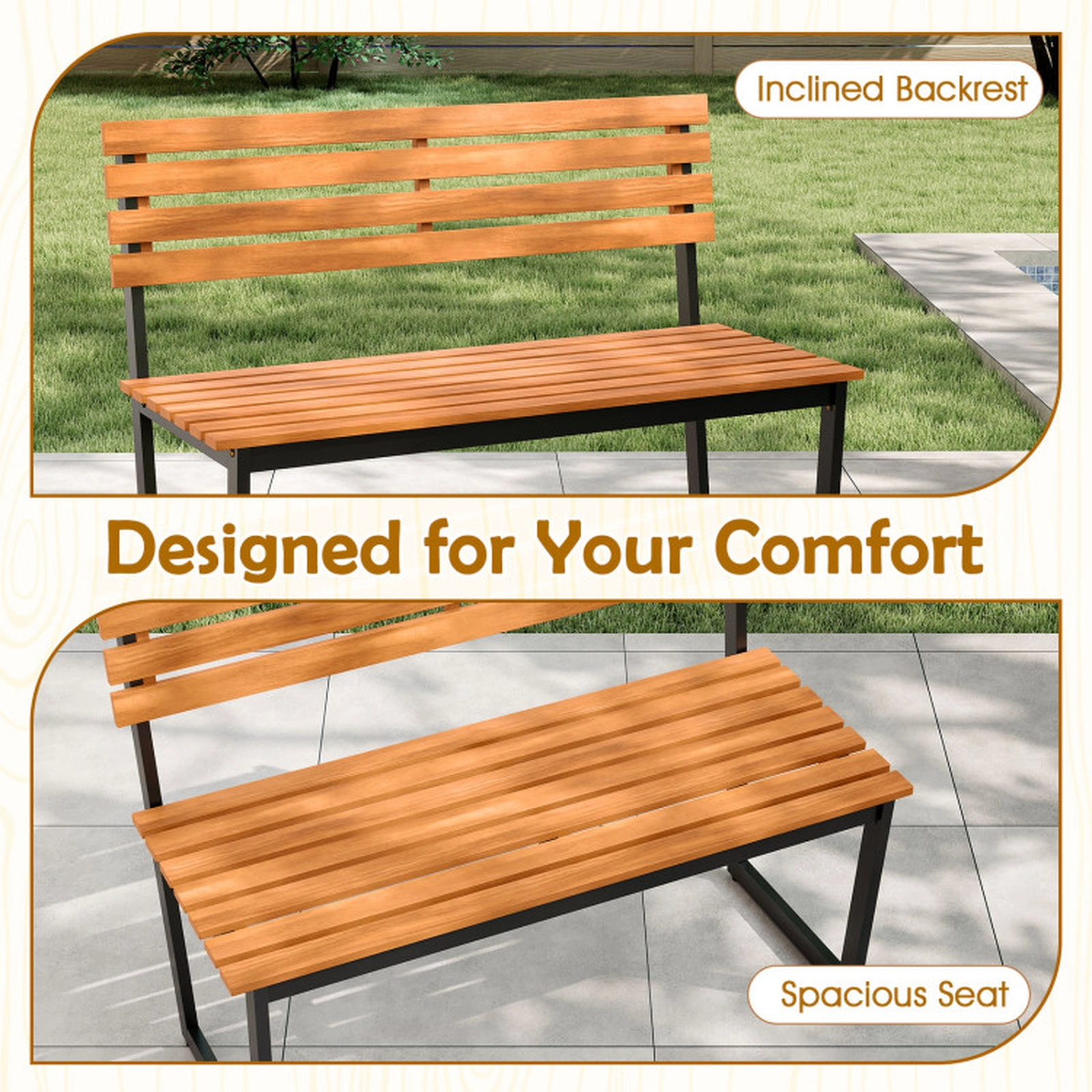 SUGIFT Backrest and Heavy Duty Metal Frame 43 Inch Outdoor Acacia Wood Patio Loveseat Bench
