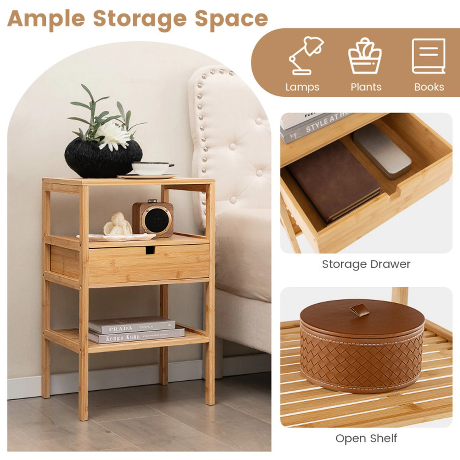 SUGIFT Bamboo Nightstand with Storage Drawer and Slatted Shelf 66-lb Tabletop Capacity Natural