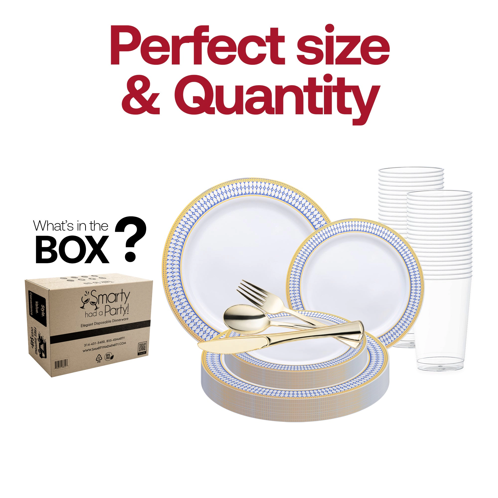 Smarty Had A Party White with Blue and Gold Chord Rim Plastic Wedding Value Set