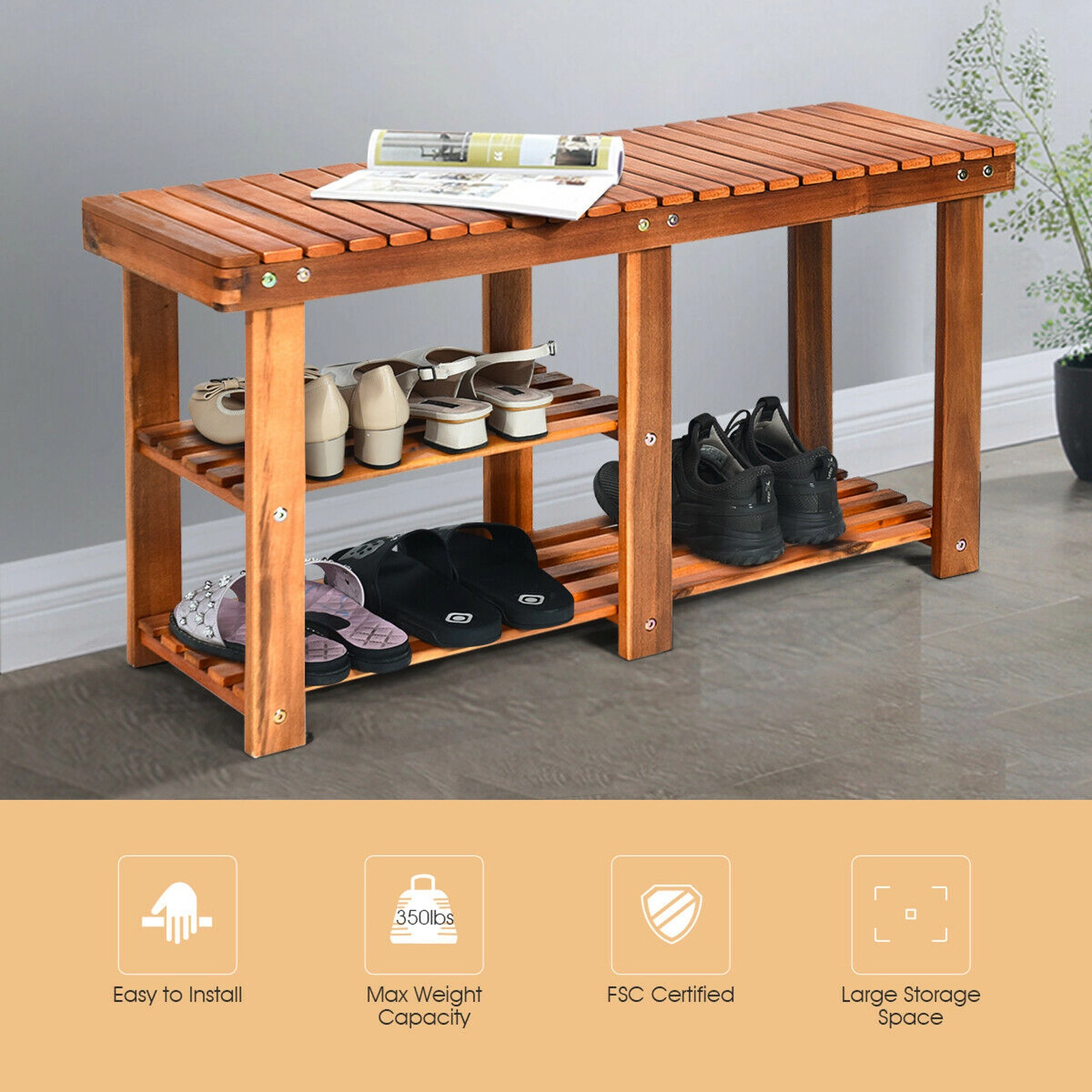 SUGIFT 3-Tier Teak 34-in 350-lb Capacity Freestanding Acacia Wood Shoe Storage Bench with Seat