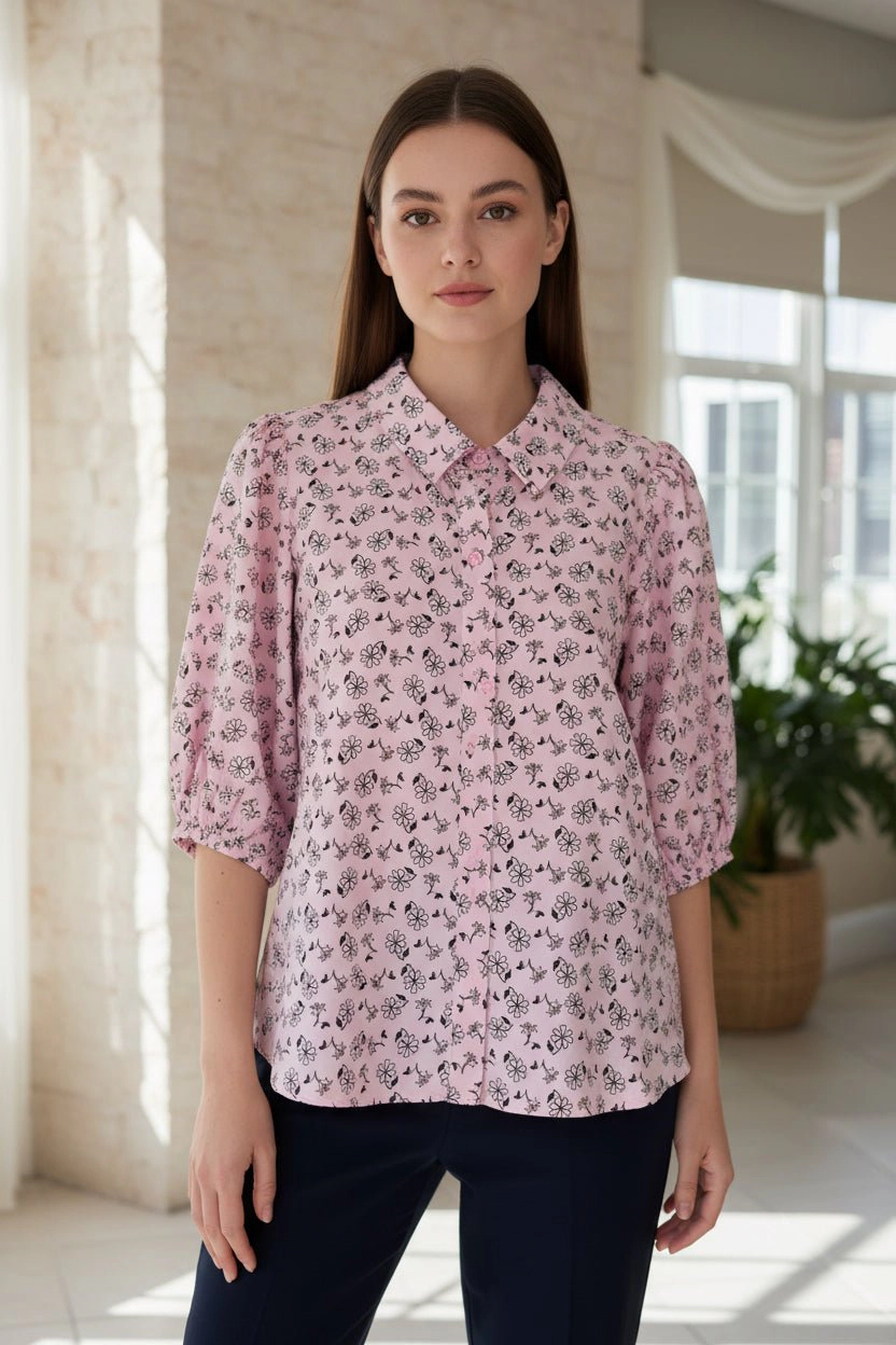 DressAtR Women's Puff Sleeve Collar Three Fourth Blouse