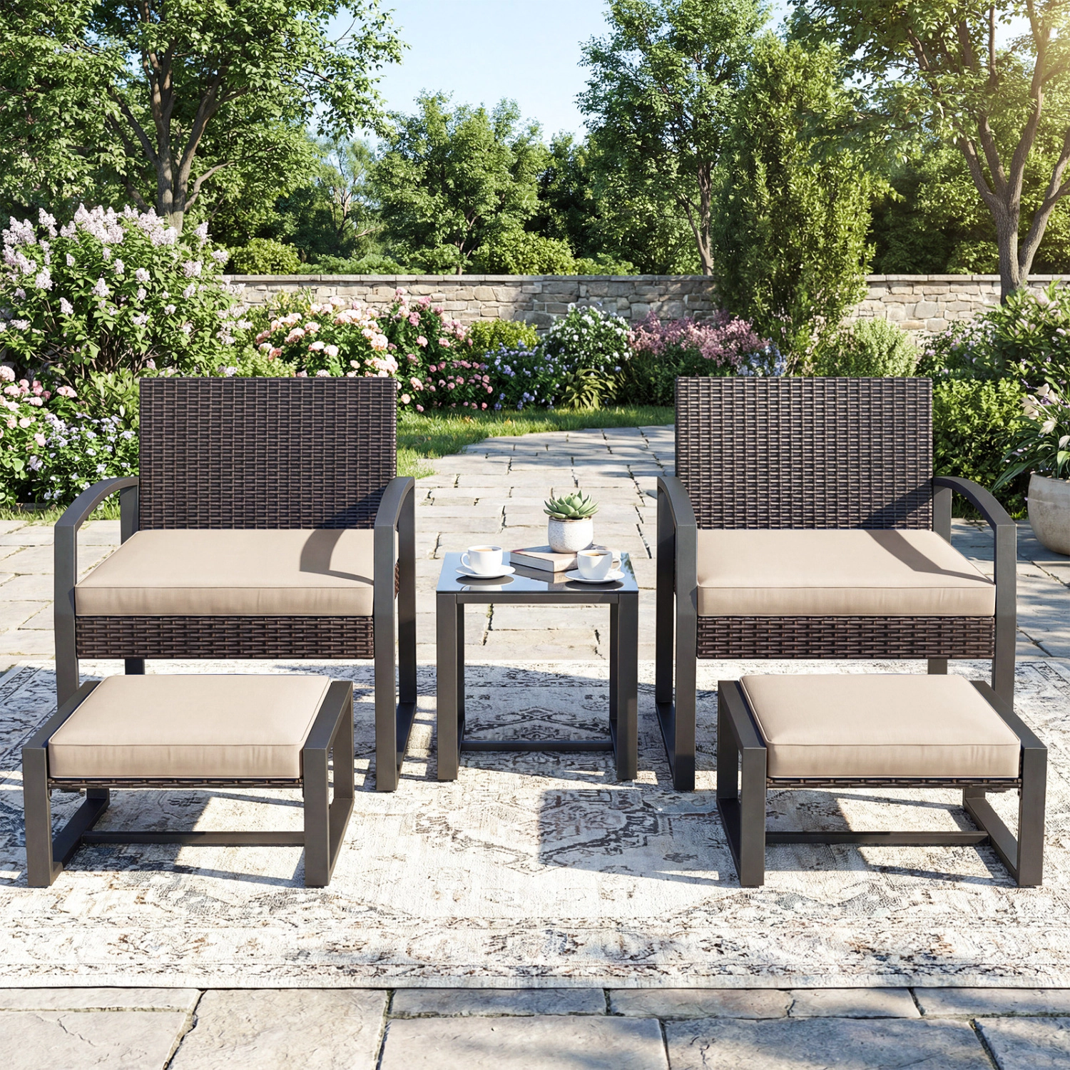 LJG 5-Piece Patio Conversation Set with 2 Ottomans and Tempered Glass Side Table