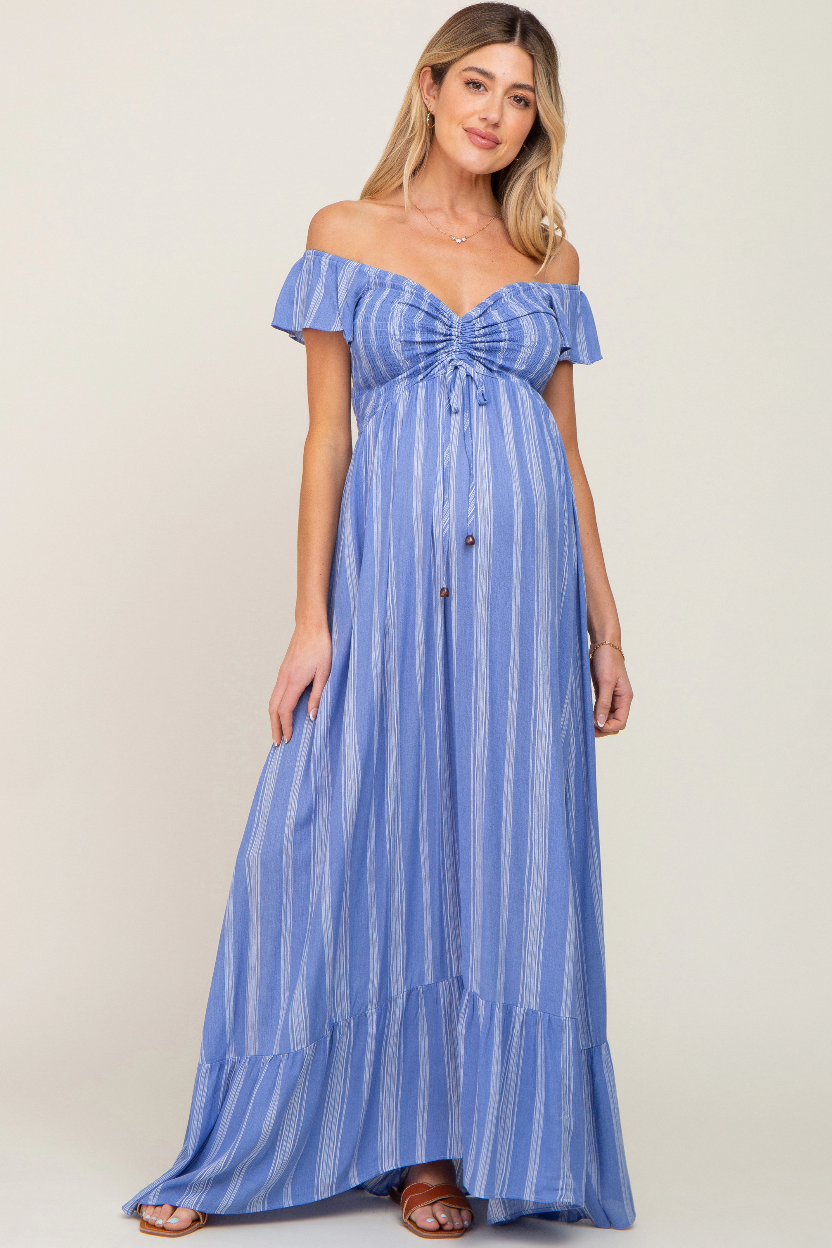 PinkBlush Womens Blue Striped Off Shoulder Front Tie Maternity Maxi Dress