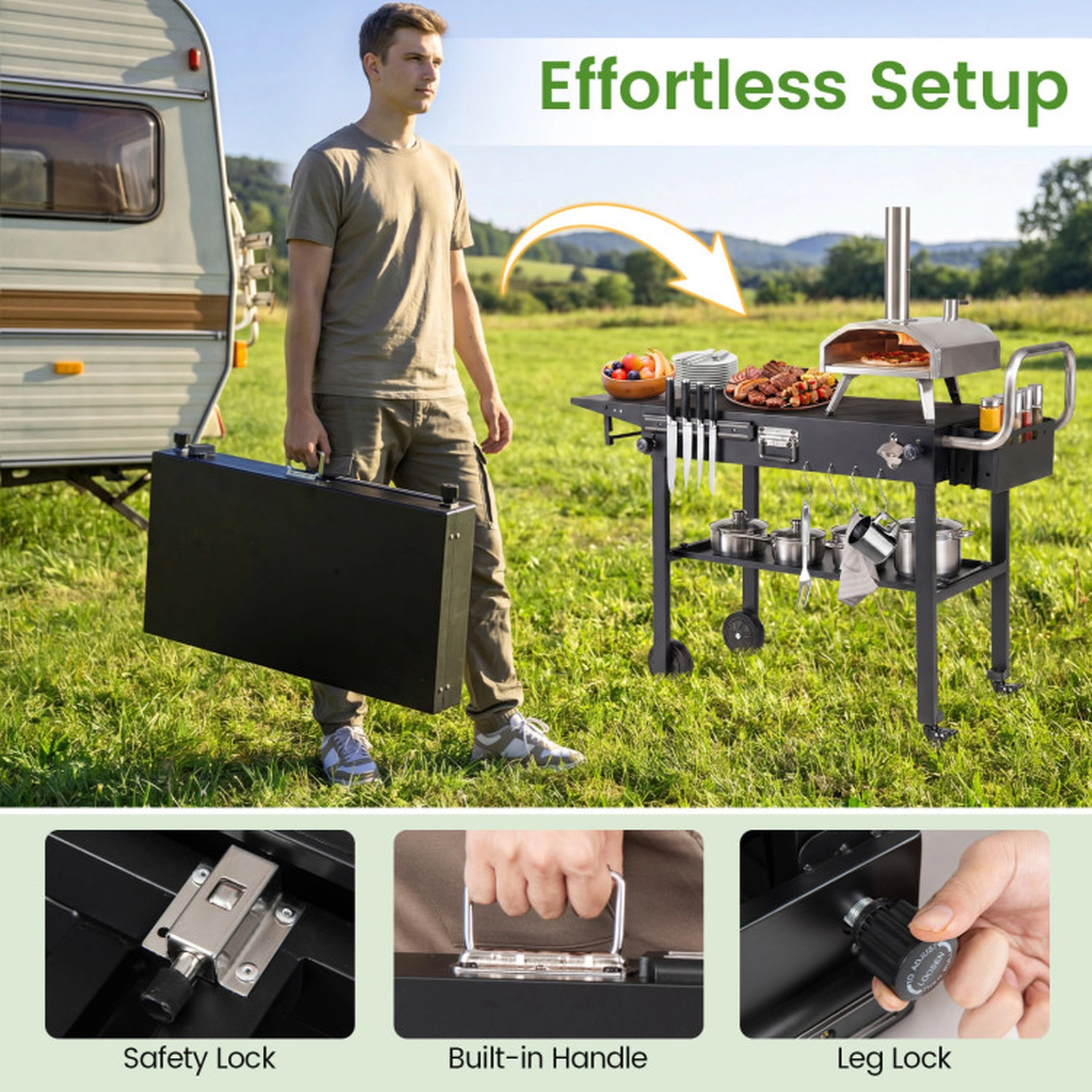 SUGIFT Foldable Outdoor Grill Cart Grilling Table 300-lb Capacity with Storage Shelf and Griddle Caddy Black