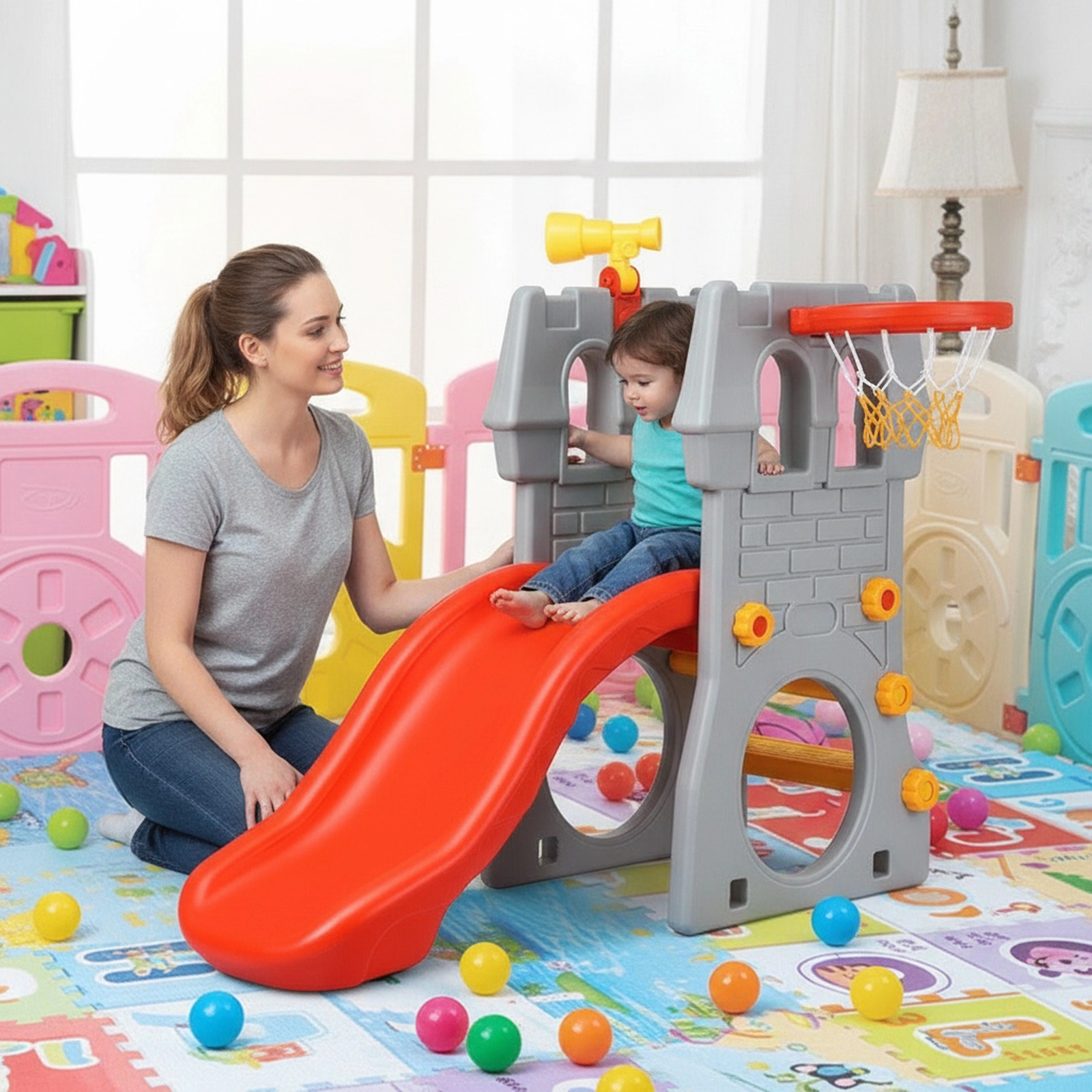 5-in-1 Toddler Climber Slide Playset 12-in Basketball Hoop Football Goal Telescope Guardrails 110-lb Capacity Ages 3-8
