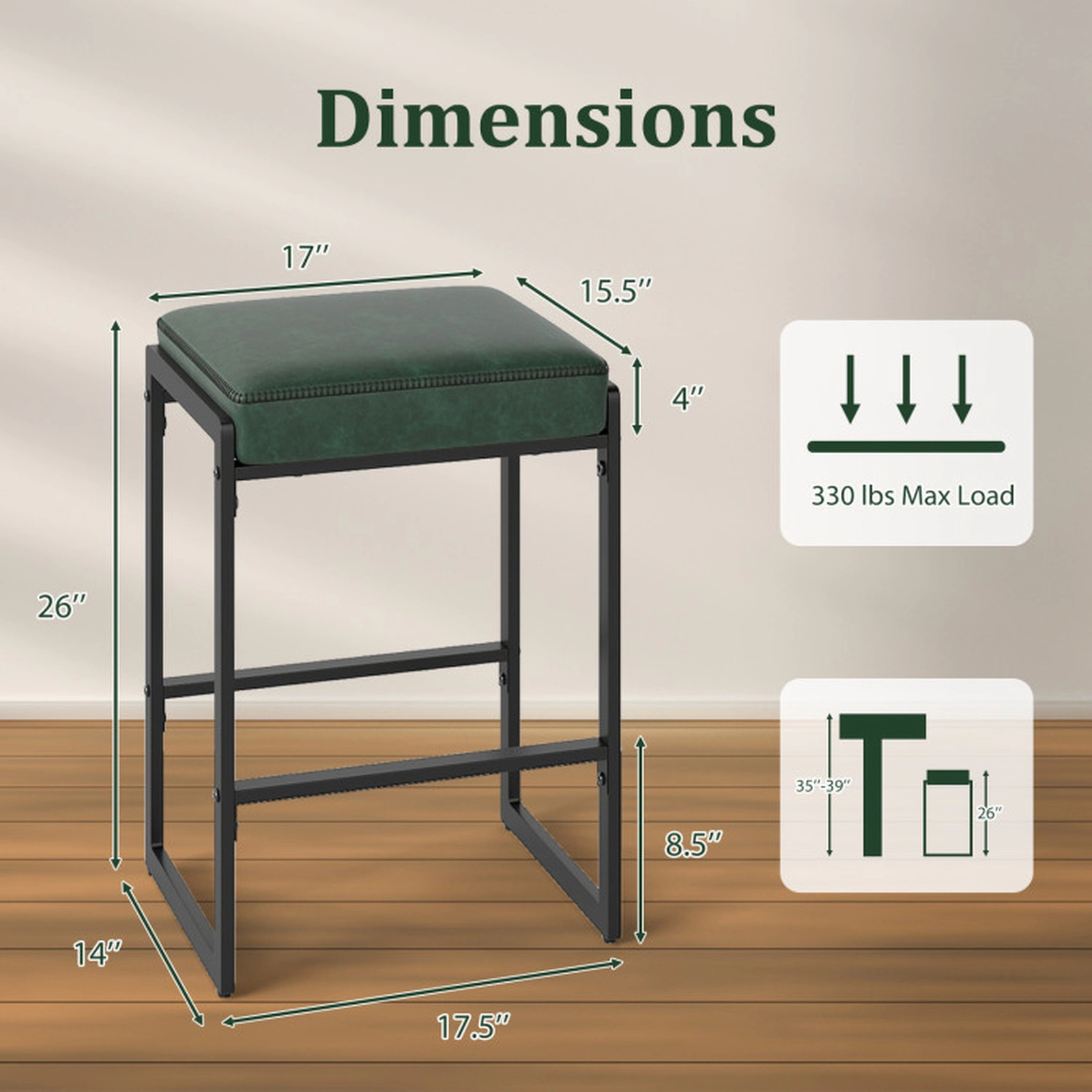 SUGIFT Set of 4 Faux Leather 4-in Cushion 26-in H 330-lb Capacity Counter Height Bar Stools Green