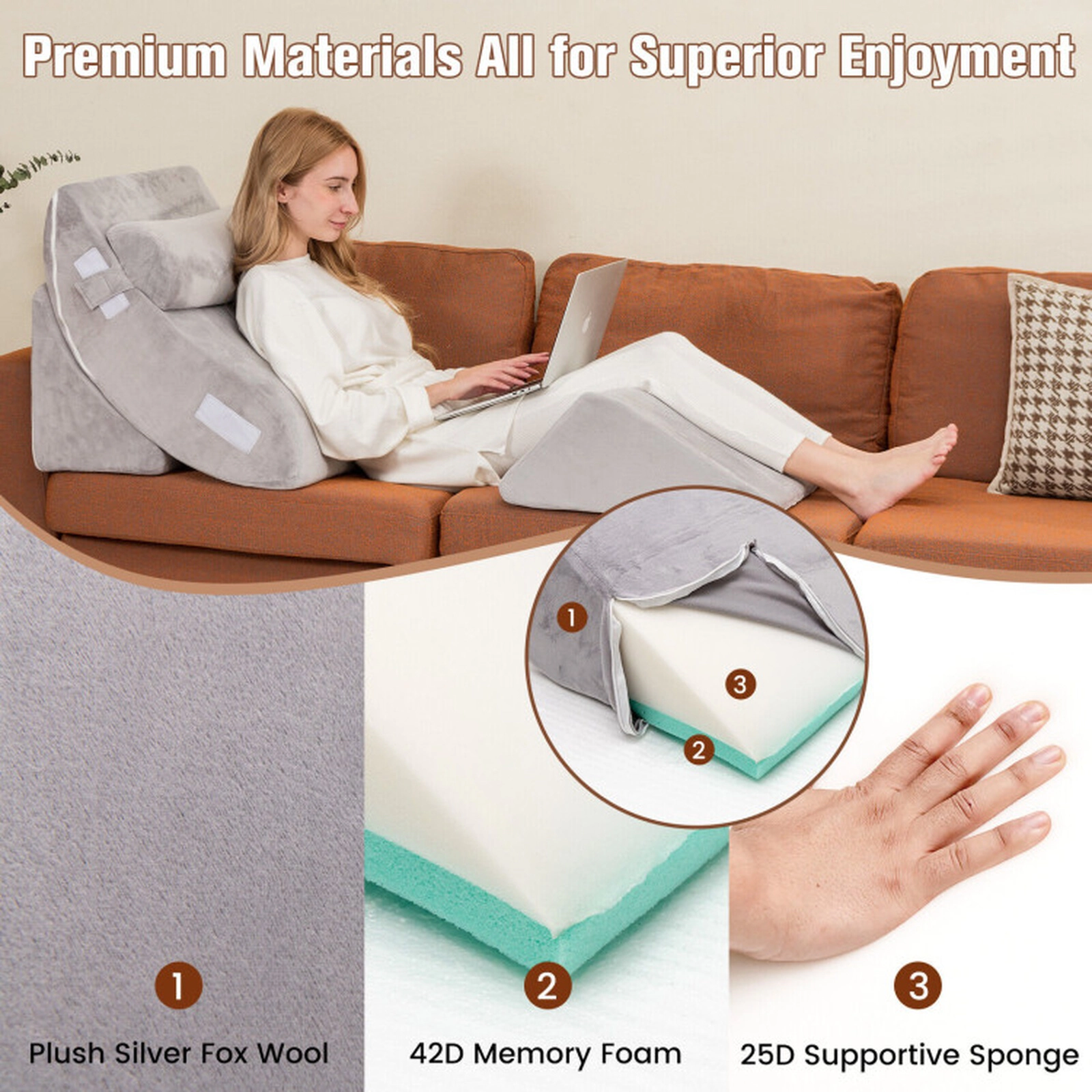 SUGIFT 4-Piece Memory Foam Bed Wedge Pillow Set Back Neck Leg Relief 24-in Wedge 27-in Backrest 23.5-in Headrest Gray