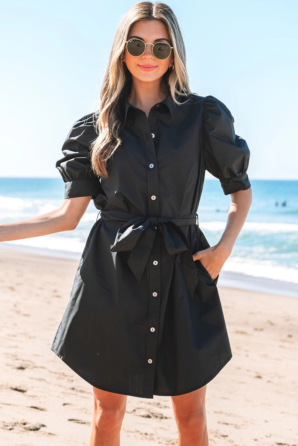 Threaded Pear Women's Malaya Button Up Tie Waist Puff Sleeve Mini Dress