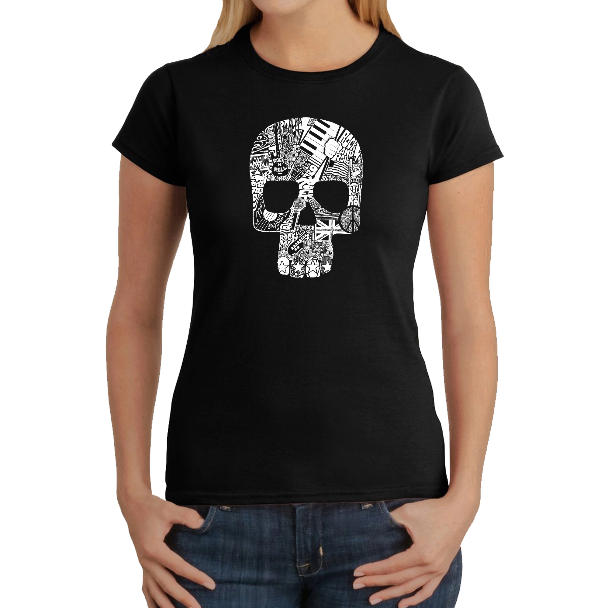 LA Pop Art Women's Word T-Shirt - Rock n Roll Skull